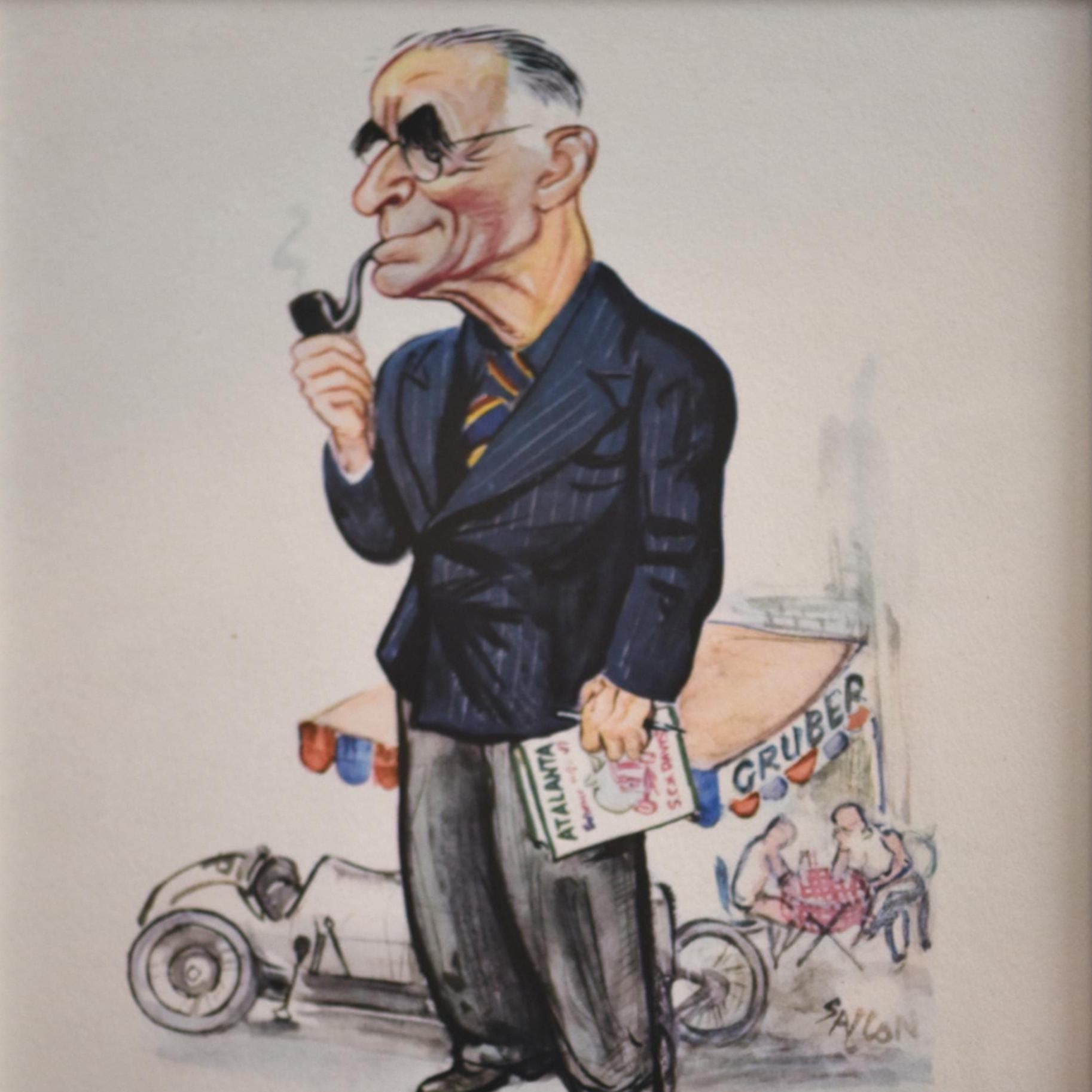 1956 S.C.H. Davis Racing Caricature by Sallon Print - Sammy Davis Autocar Journalist - Le Mans Bentley Winner - Sallon Art - 11 x 7.75 in