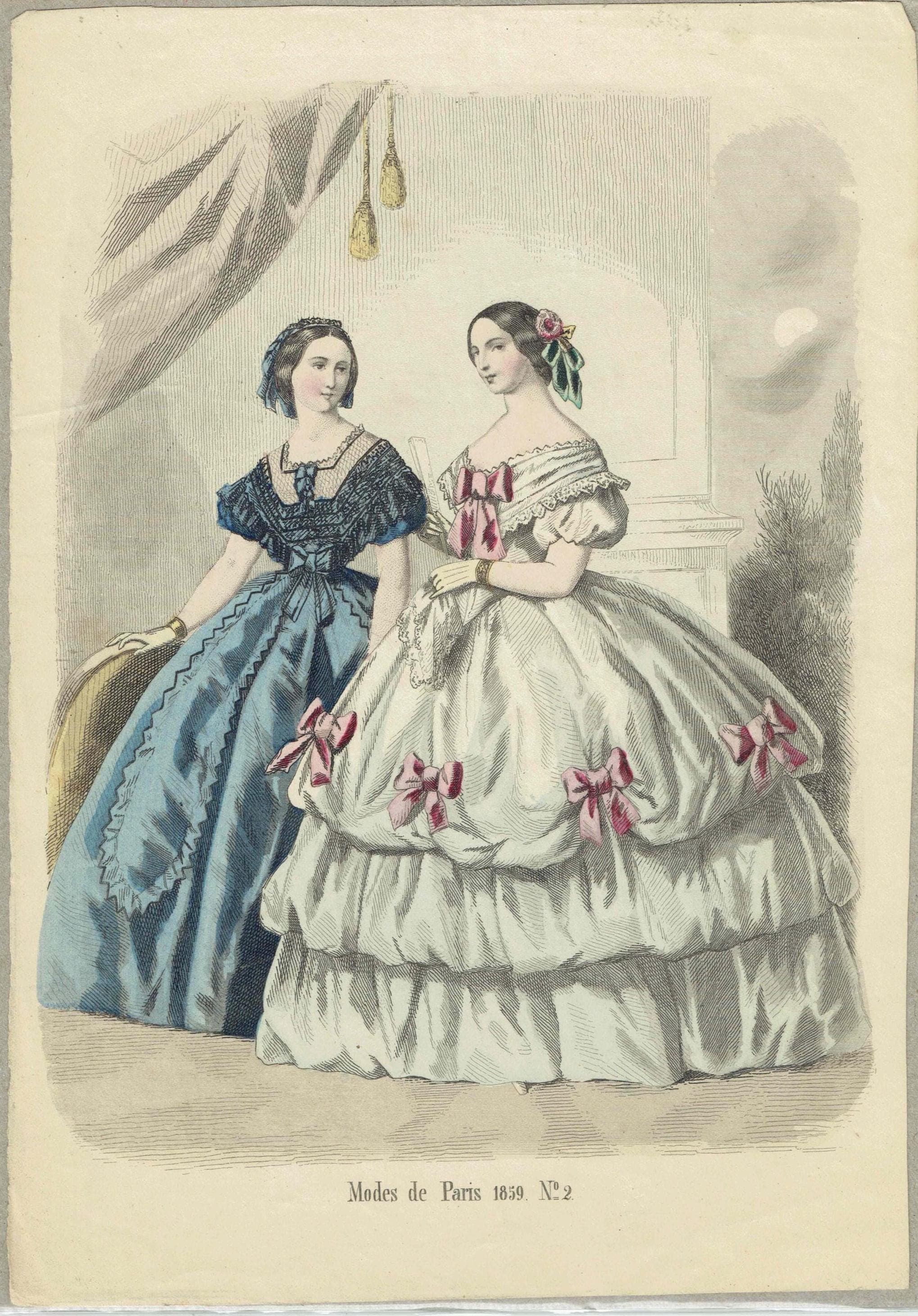 c.1859 Modes de Paris No. 2 Print - Victorian Fashion Ball Gowns - Hand-Coloured Costume Art -  9.75 x 6.75 in