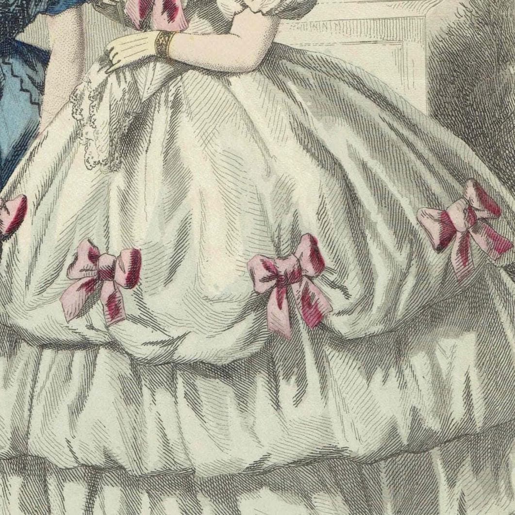 c.1859 Modes de Paris No. 2 Print - Victorian Fashion Ball Gowns - Hand-Coloured Costume Art -  9.75 x 6.75 in - Image 3