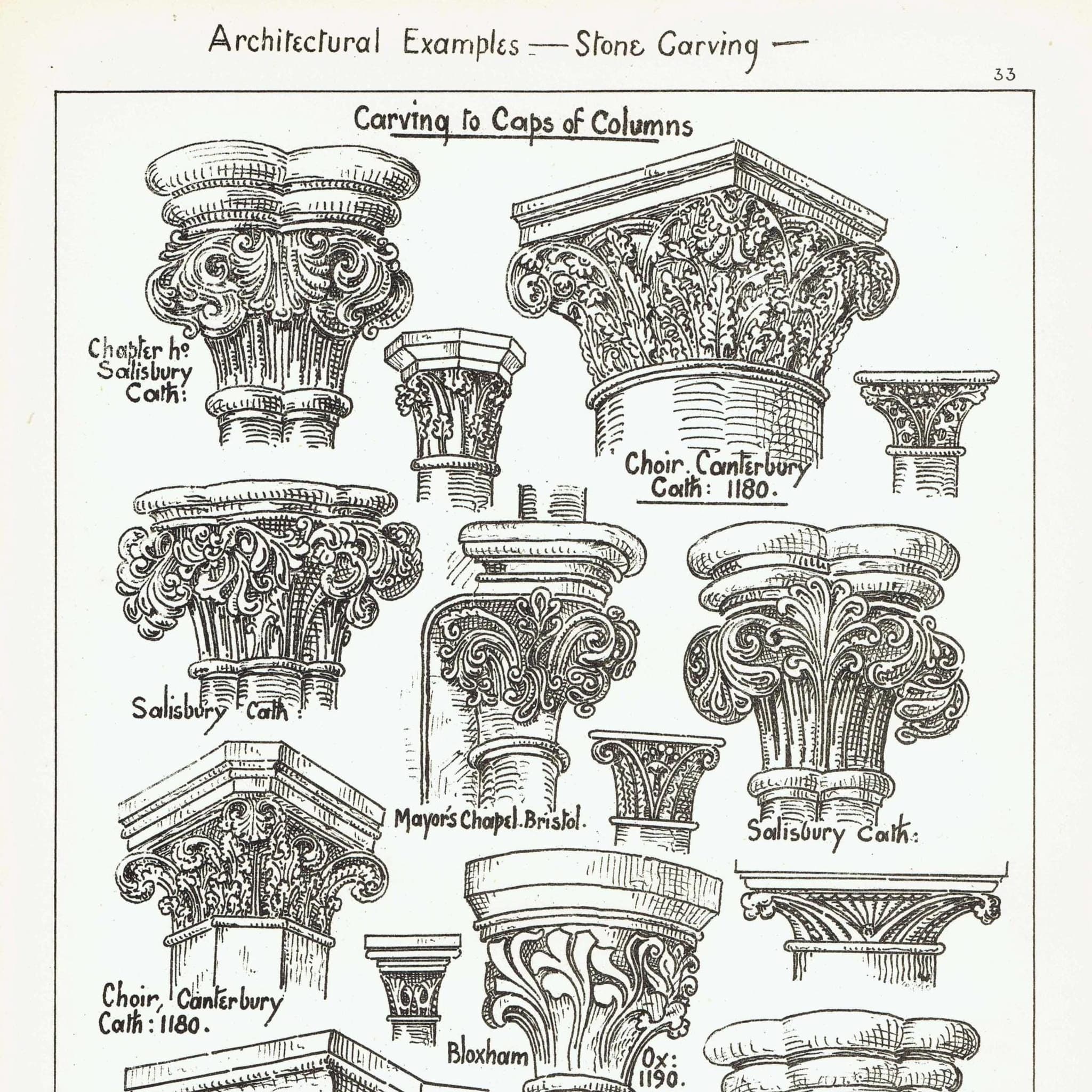 1898 Architectural Print - Stone Carving Caps Of Columns Canterbury Salisbury Bloxham Blois Bristol - W Fullerton - 8 x 10.75 in