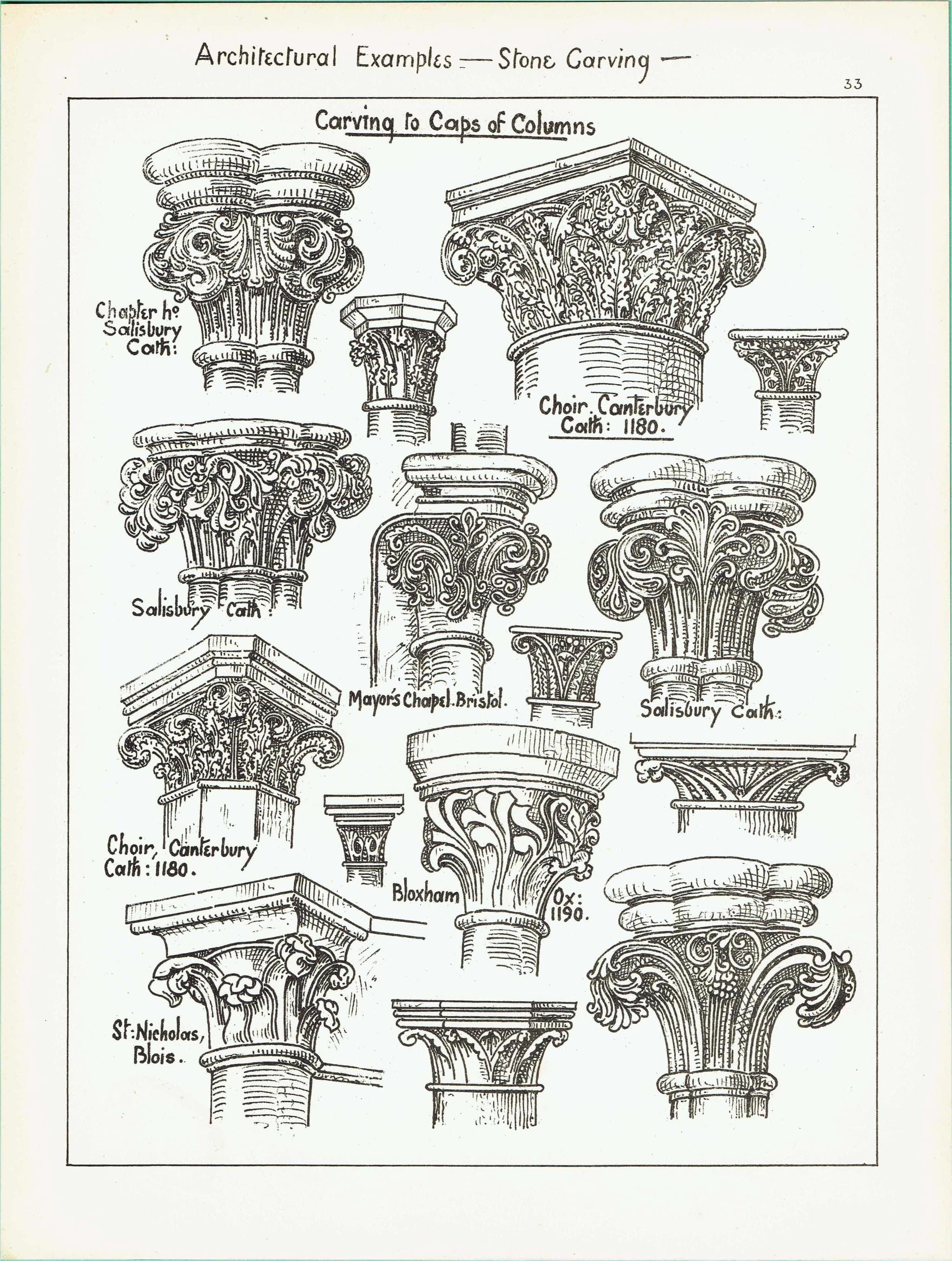 1898 Architectural Print - Stone Carving Caps Of Columns Canterbury Salisbury Bloxham Blois Bristol - W Fullerton - 8 x 10.75 in - Image 2