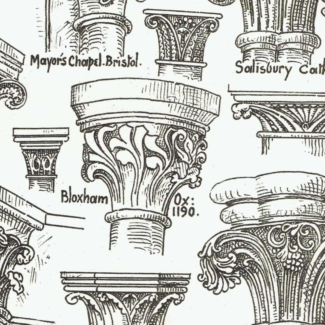 1898 Architectural Print - Stone Carving Caps Of Columns Canterbury Salisbury Bloxham Blois Bristol - W Fullerton - 8 x 10.75 in - Image 4