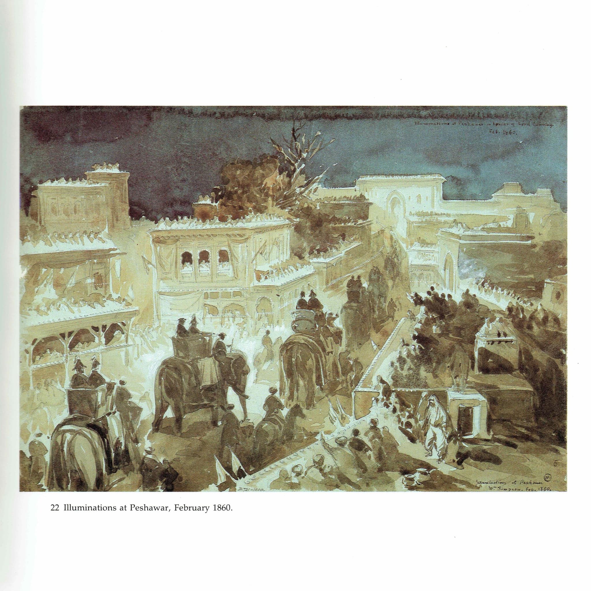 1860 Peshawar Illuminations - Original Vintage Print By Simpson - Colonial India Architecture Elephant Procession - 9.25 x 8.5 in - Image 2