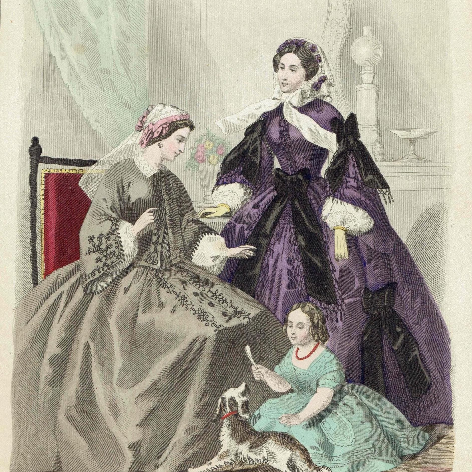 1860 Modes de Paris No. 6 Print - French Fashion Plate - Women & Child Dog Scene - 9.5 x 6.5 in