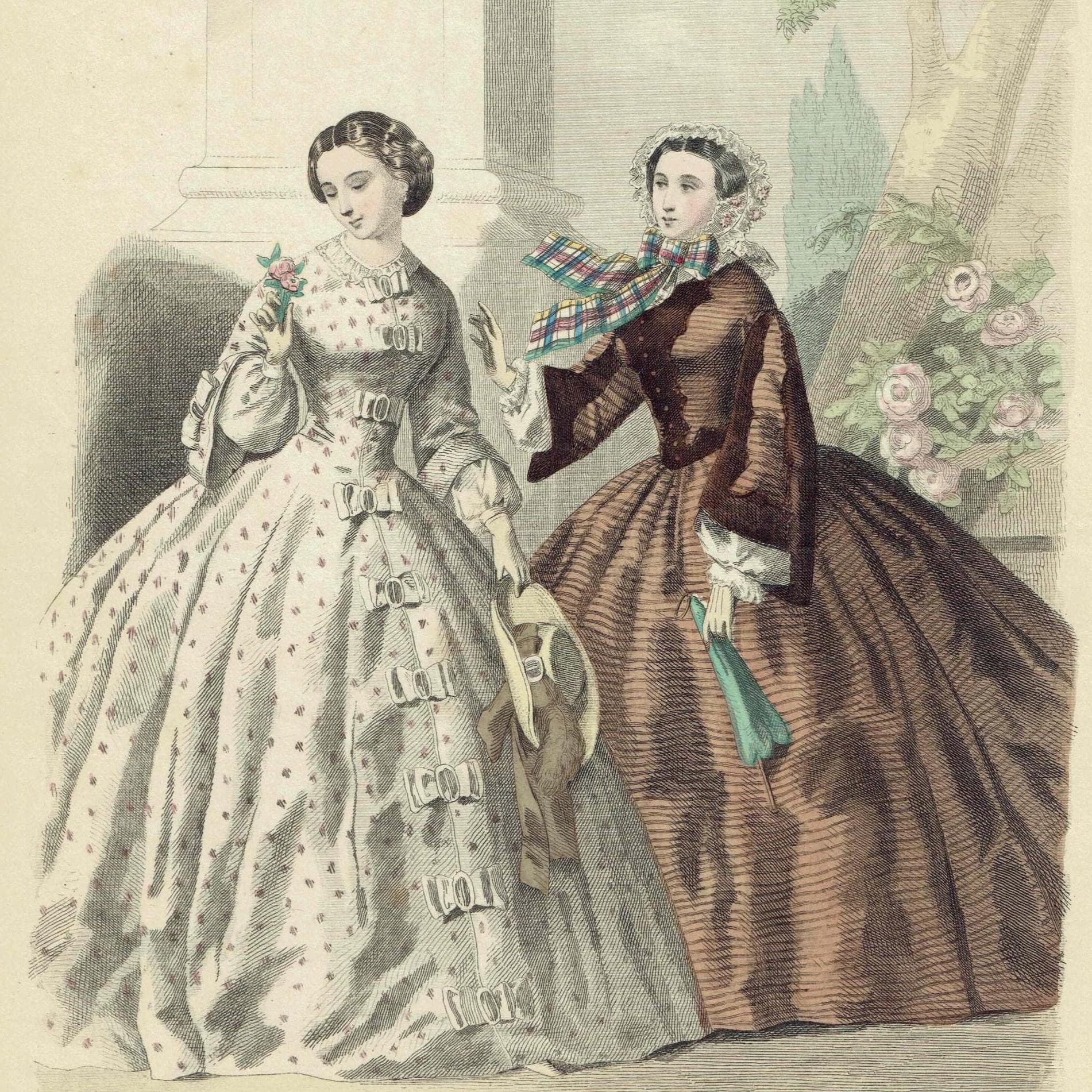 1859 Modes de Paris Fashion No.12 Print - Victorian Ladies with Bonnets & Gowns - Hand Coloured Antique Style Plate - 9.75 x 6.75 in