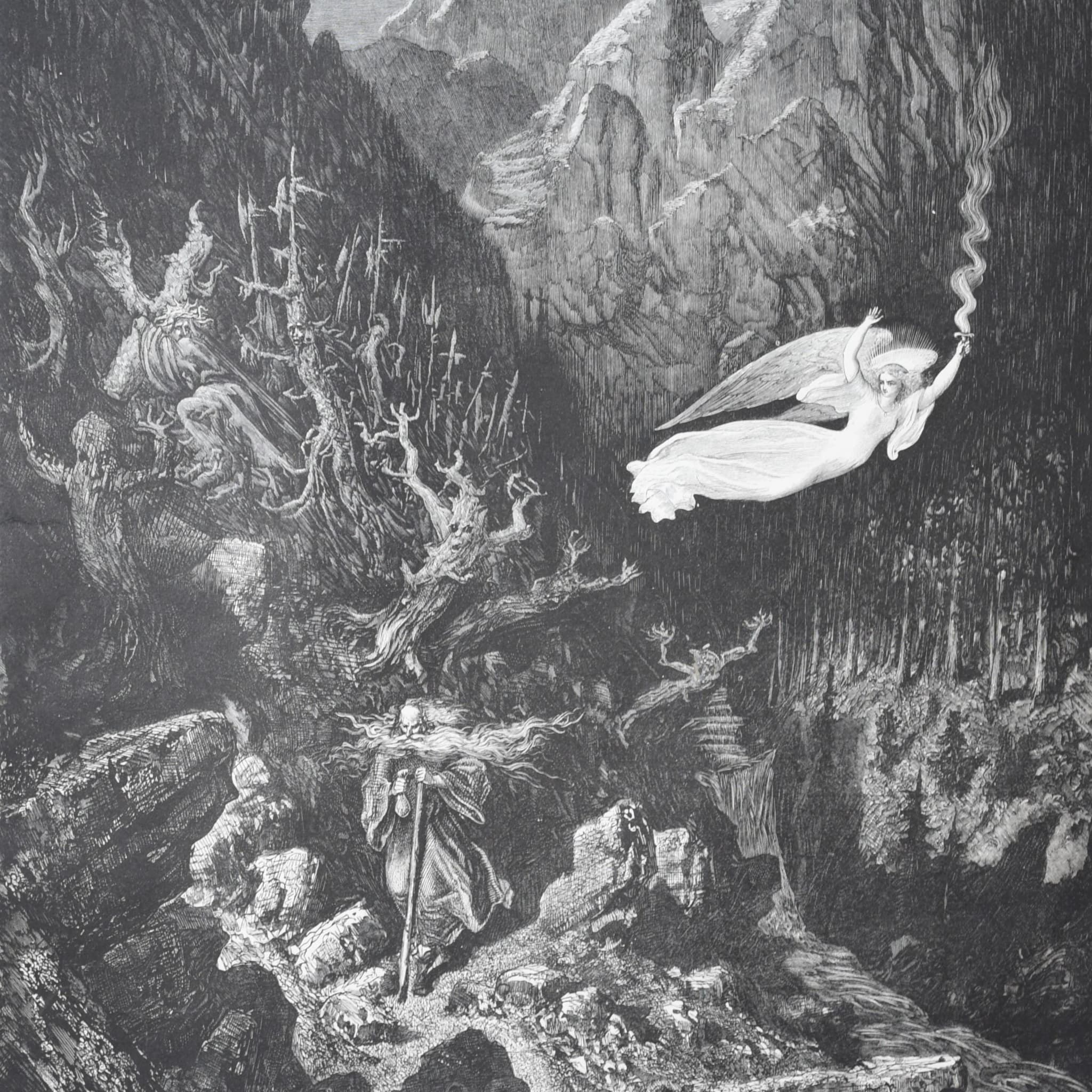 1866 Gustave Doré Legend Of The Wandering Jew Angel Vision Plate 7 - Original Antique Engraving - Gothic Religious Medieval - 14 x 20 in - Image 2