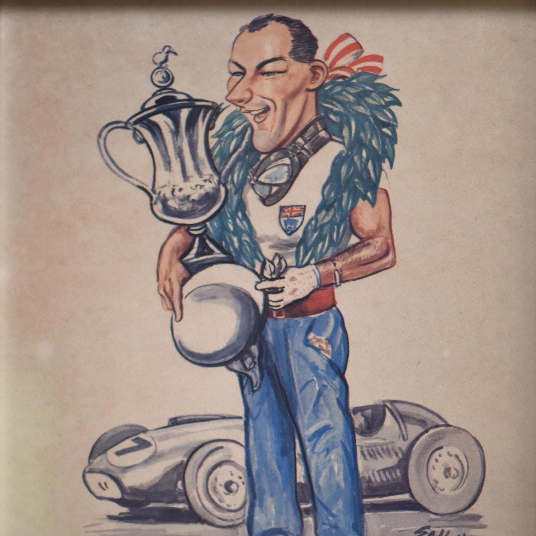 1956 Stirling Moss British Racing Driver Caricature Sallon Print - Motorsport Champ Trophy - Mille Miglia Targa Florio Winner - 11 x 7.75 in