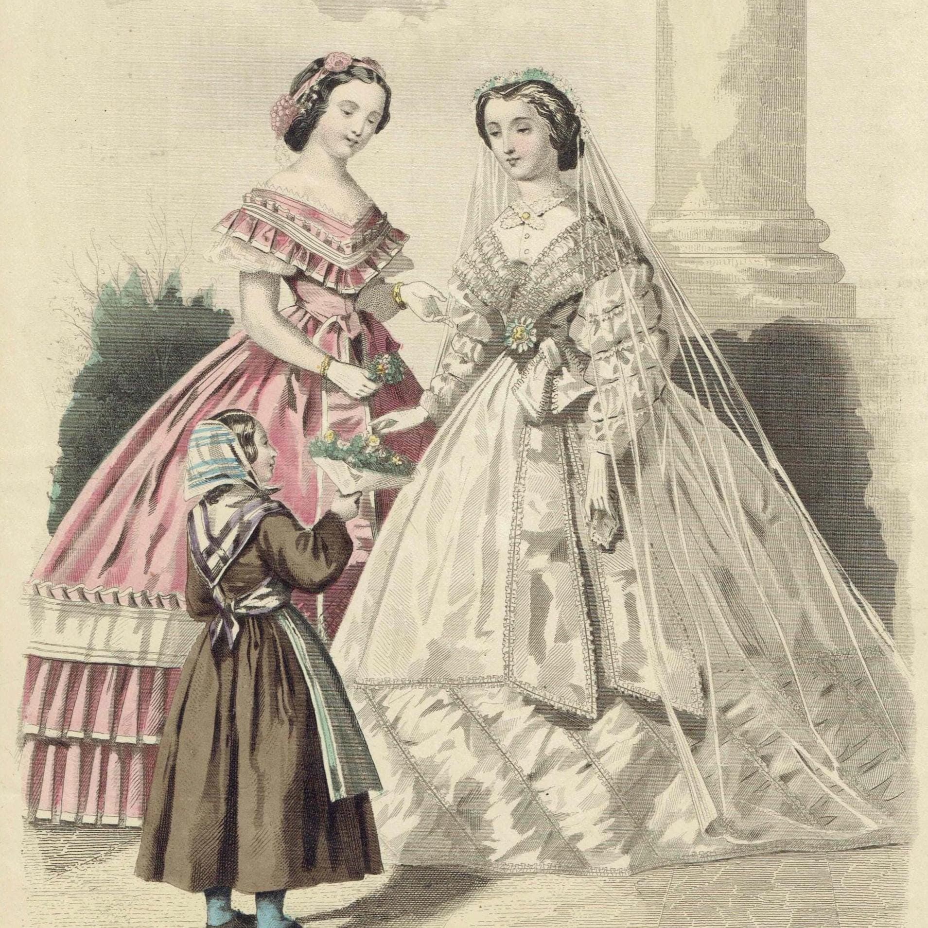 1860 Modes de Paris No.21 Fashion Print - Victorian Bridal & Evening Dress - Crinoline Era Hand-Coloured Lithograph - 9.5 x 6.5 in