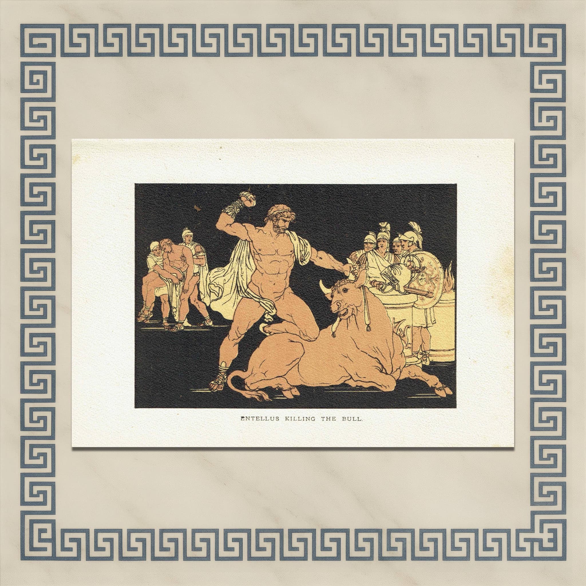 1879 Entellus Killing Bull - Original Antique Print By Pinelli - Stories From Virgil Classical Mythology Roman Art - 7.5 x 5 in