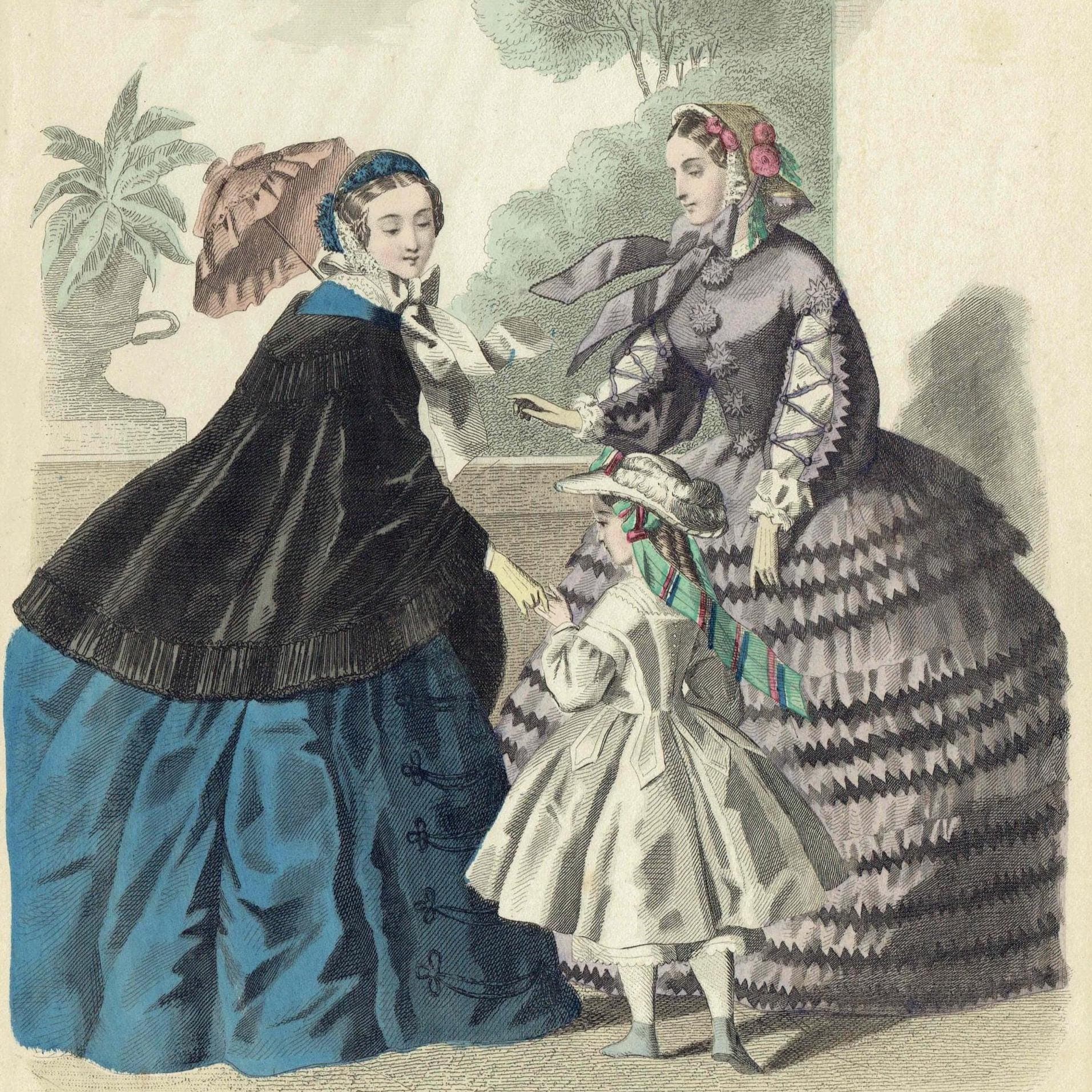 1859 Modes de Paris No.13 Print - Victorian Fashion Plate Women & Child - Hand Coloured Parisian Style - 9.75 x 6.75 in