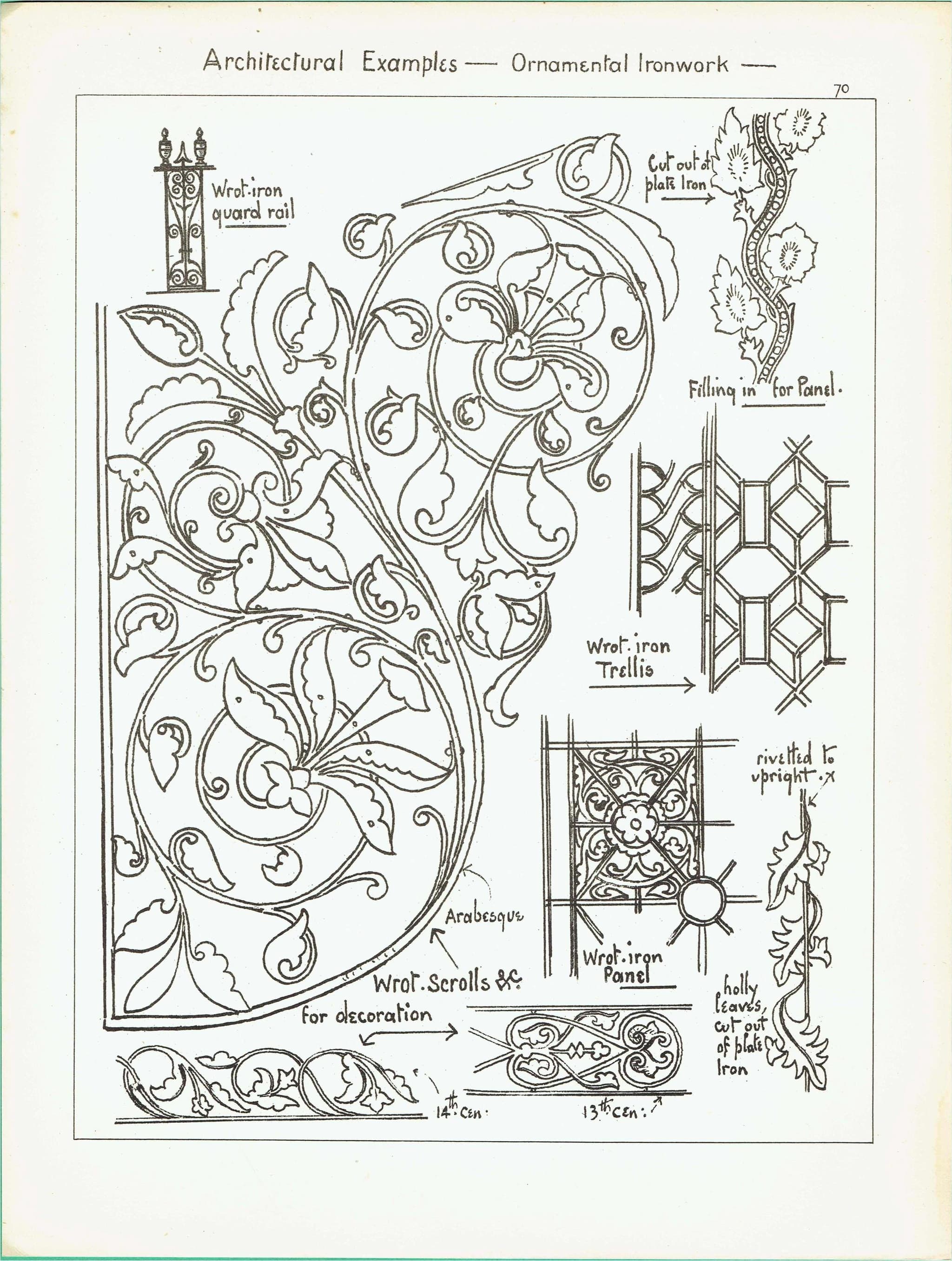 1898 Ornamental Ironwork Architecture Print - Wrought Iron Arabesque, Trellis & Scrollwork Plate - Antique Design - 8 x 10.75 in