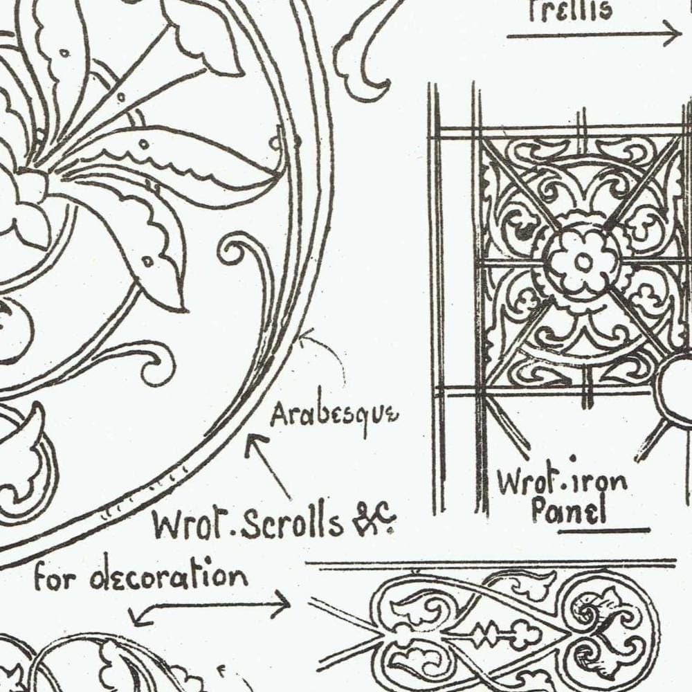 1898 Ornamental Ironwork Architecture Print - Wrought Iron Arabesque, Trellis & Scrollwork Plate - Antique Design - 8 x 10.75 in - Image 4