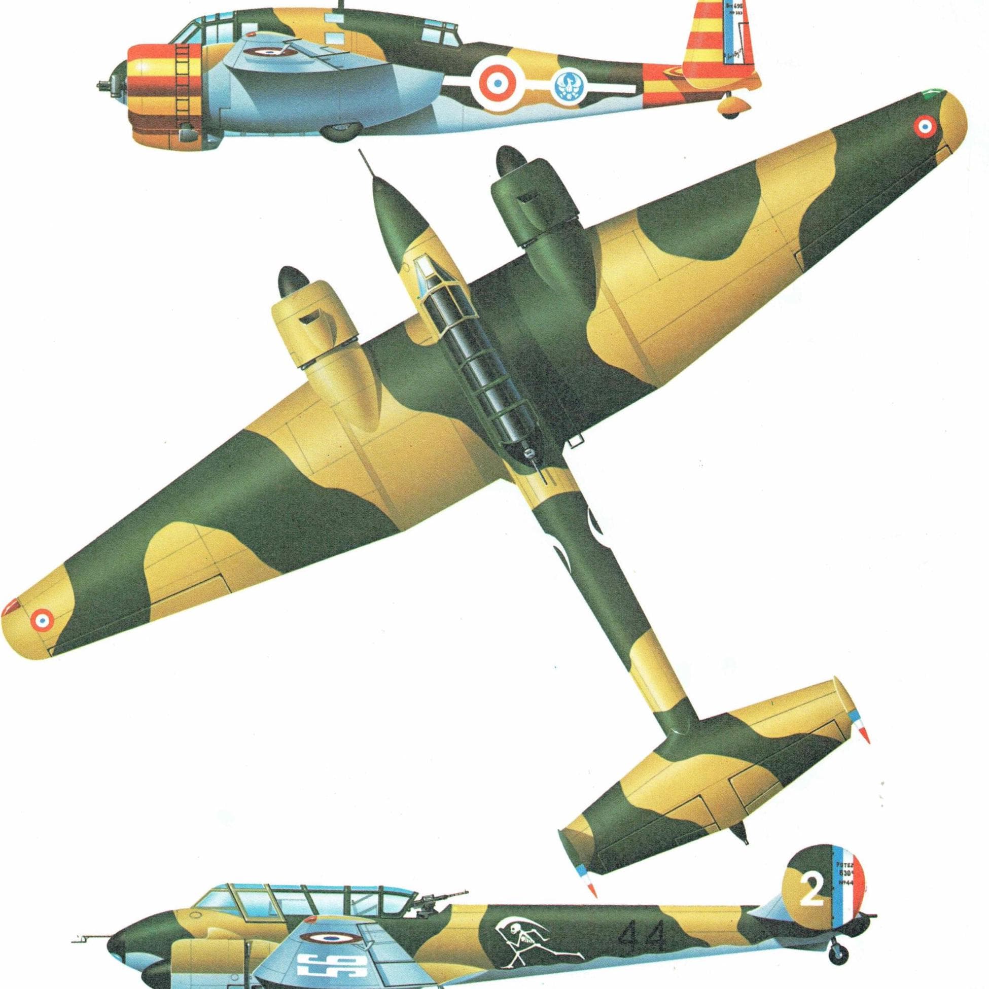 1985 - Breguet Bre 695 AB2 & Potez 630 C3 Vintage WWII French Aircraft Print - Morane-Saulnier MS.406 D-3801 Fighters - 8 x 10.75 in