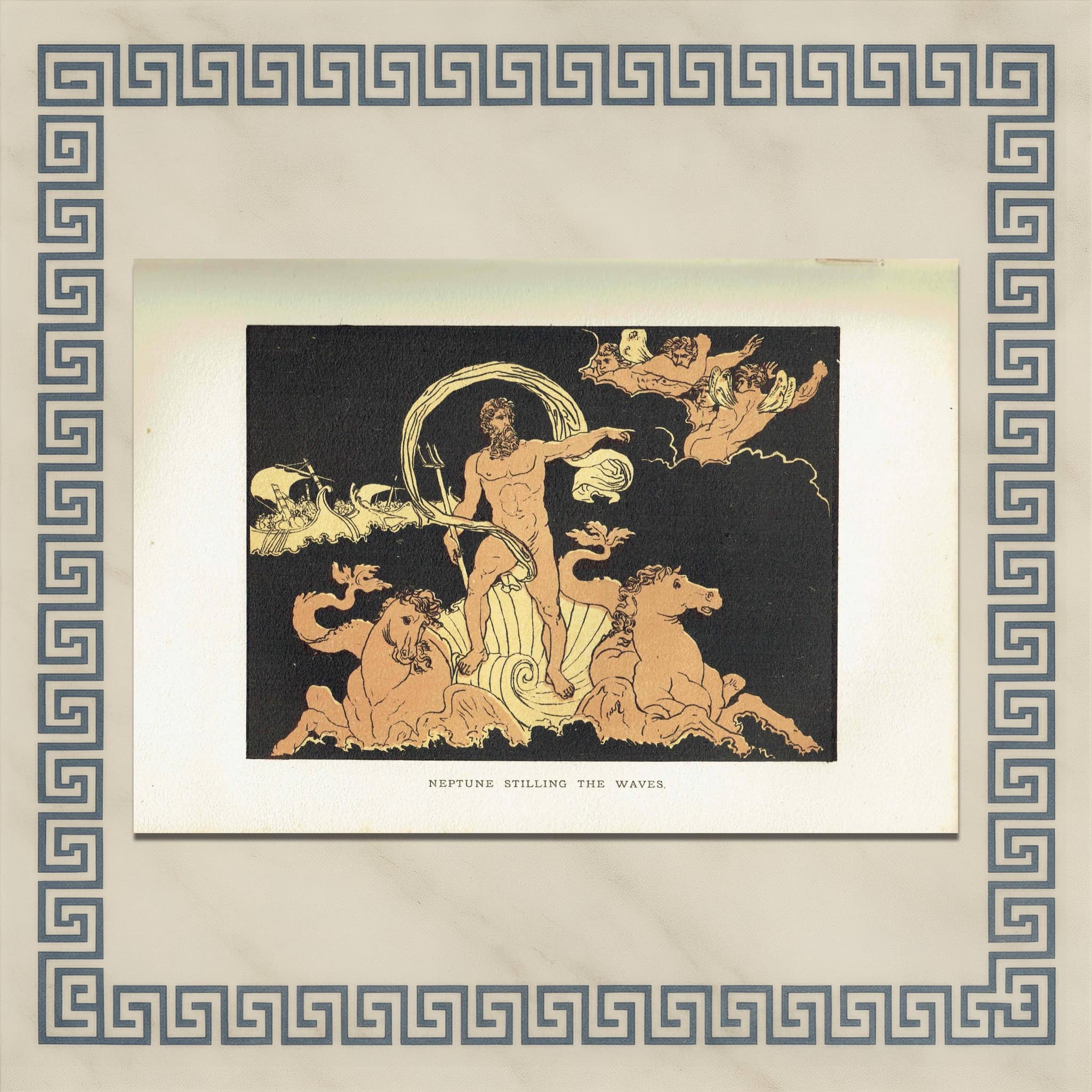 1879 Neptune Stilling Waves - Original Antique Print By Pinelli - Stories From Virgil Roman Mythology Classical Art - 7.5 x 5 in