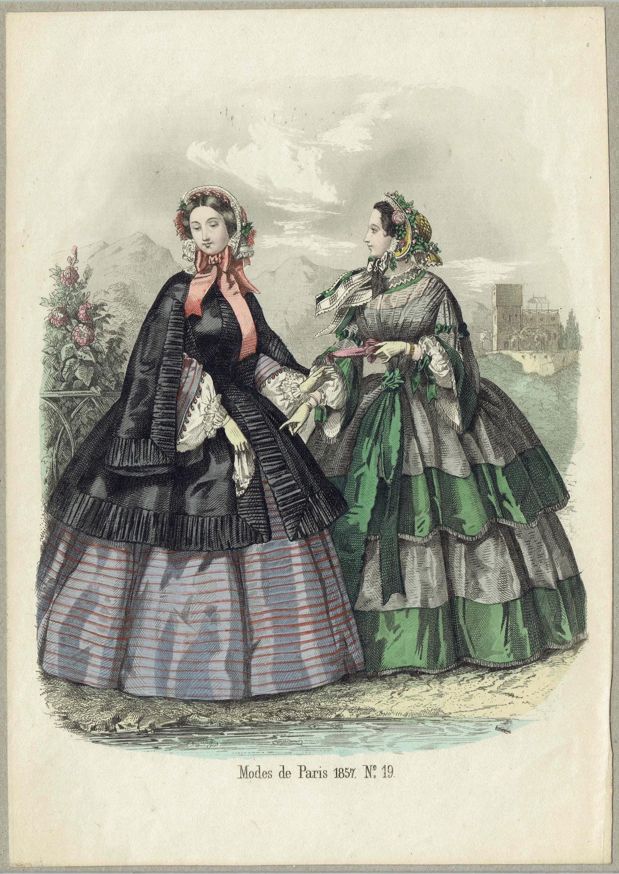 1857 Modes de Paris Print - Victorian Fashion Plate - Hand-Coloured Lithograph Women in Gowns - 9.75  x 6.75 in