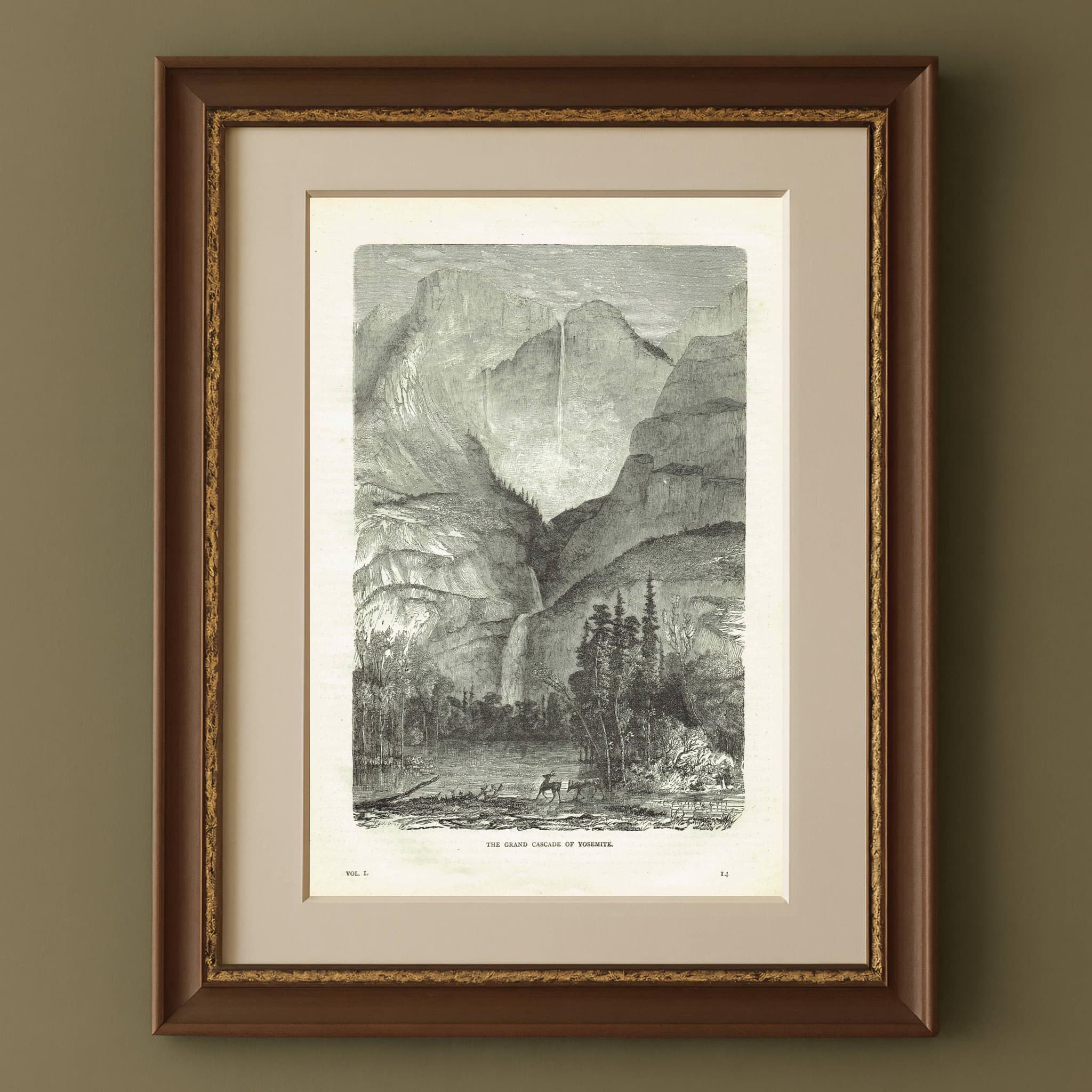 1870s Yosemite Waterfall - Grand Cascade Mountain Landscape - Victorian Original Woodblock Print - 8.5 x 12 in