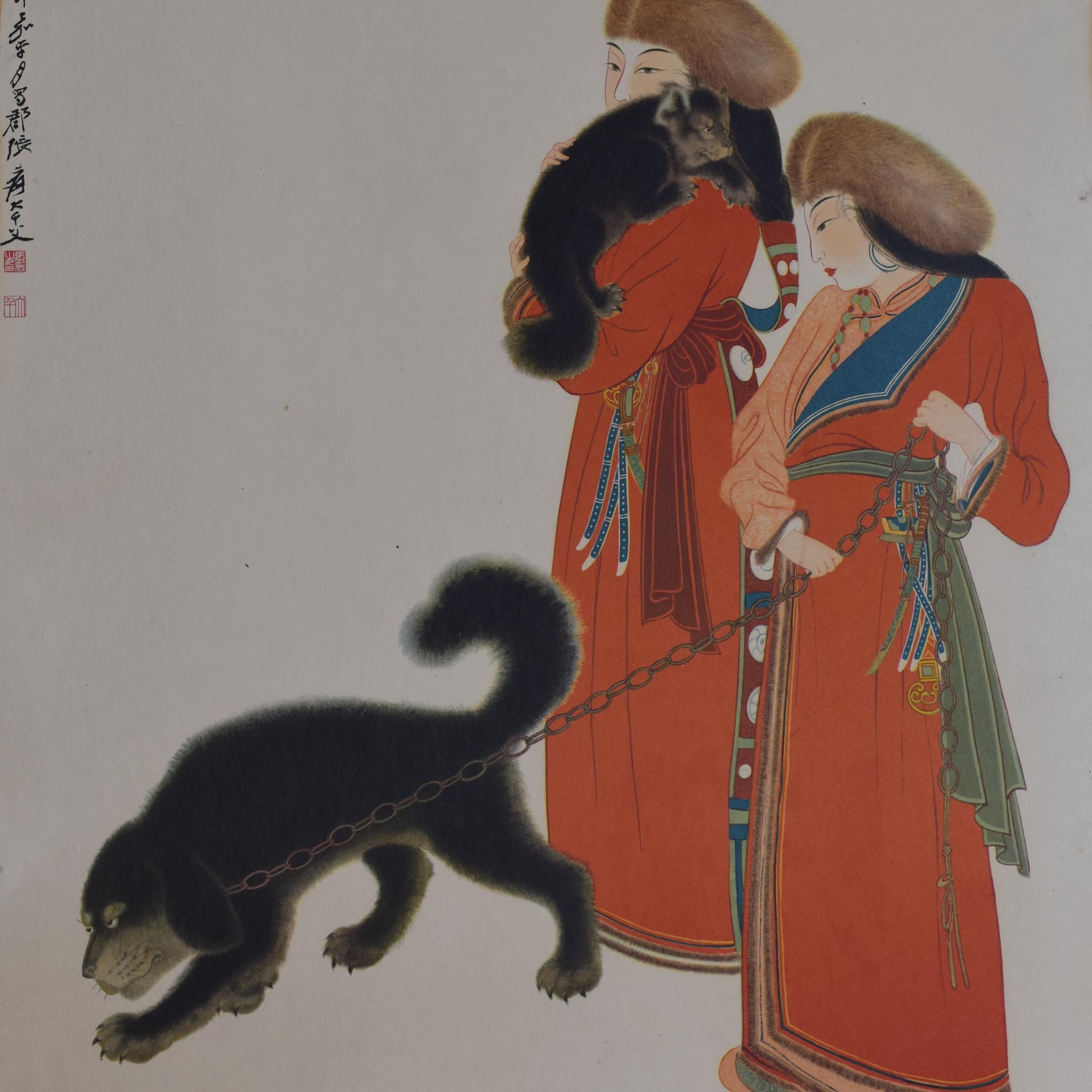 Zhang Daqian Print – 1950s Tibetan Women with Dogs, Chinese Portrait (15 x 21 in)