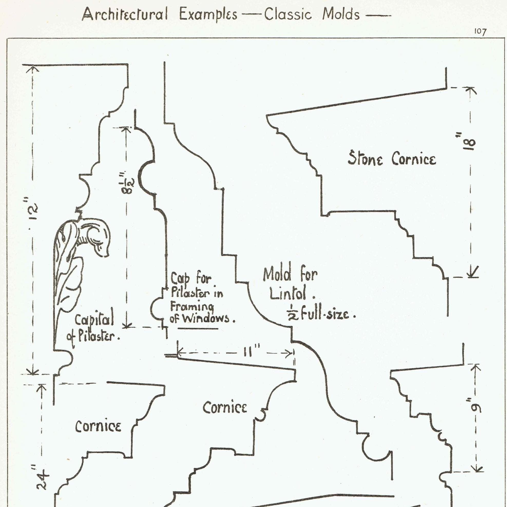 1898 Classic Architectural Mouldings Print - Cornices, Pilaster Capitals, Lintels & Balustrade Details - Antique Plate - 8 x 10.75 in - Image 2