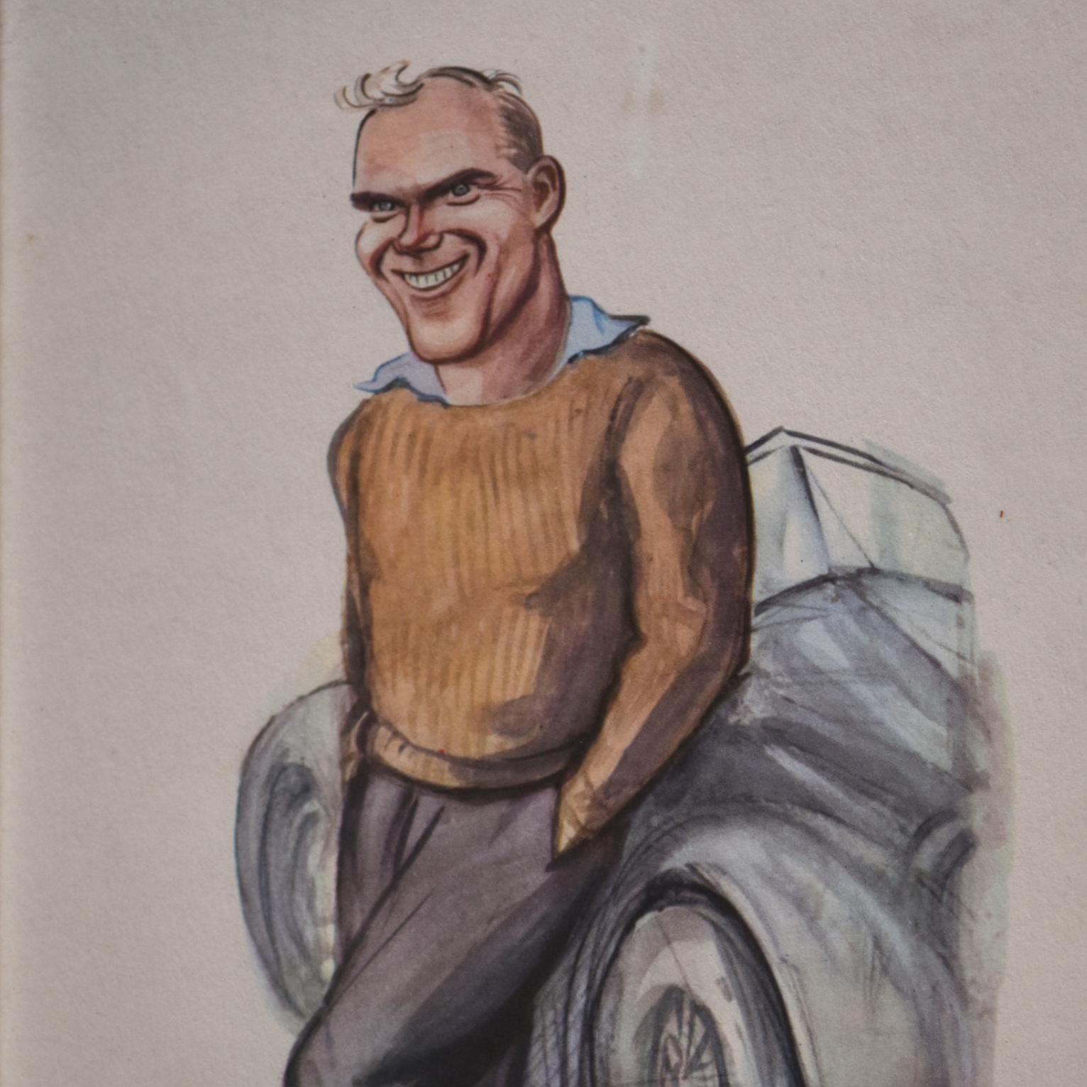 1956 Ian Appleyard Jaguar Rally Driver Caricature Motorsport Print by Sallon - Vintage Rally Racing Team Illustration - 11 x 7.75 in