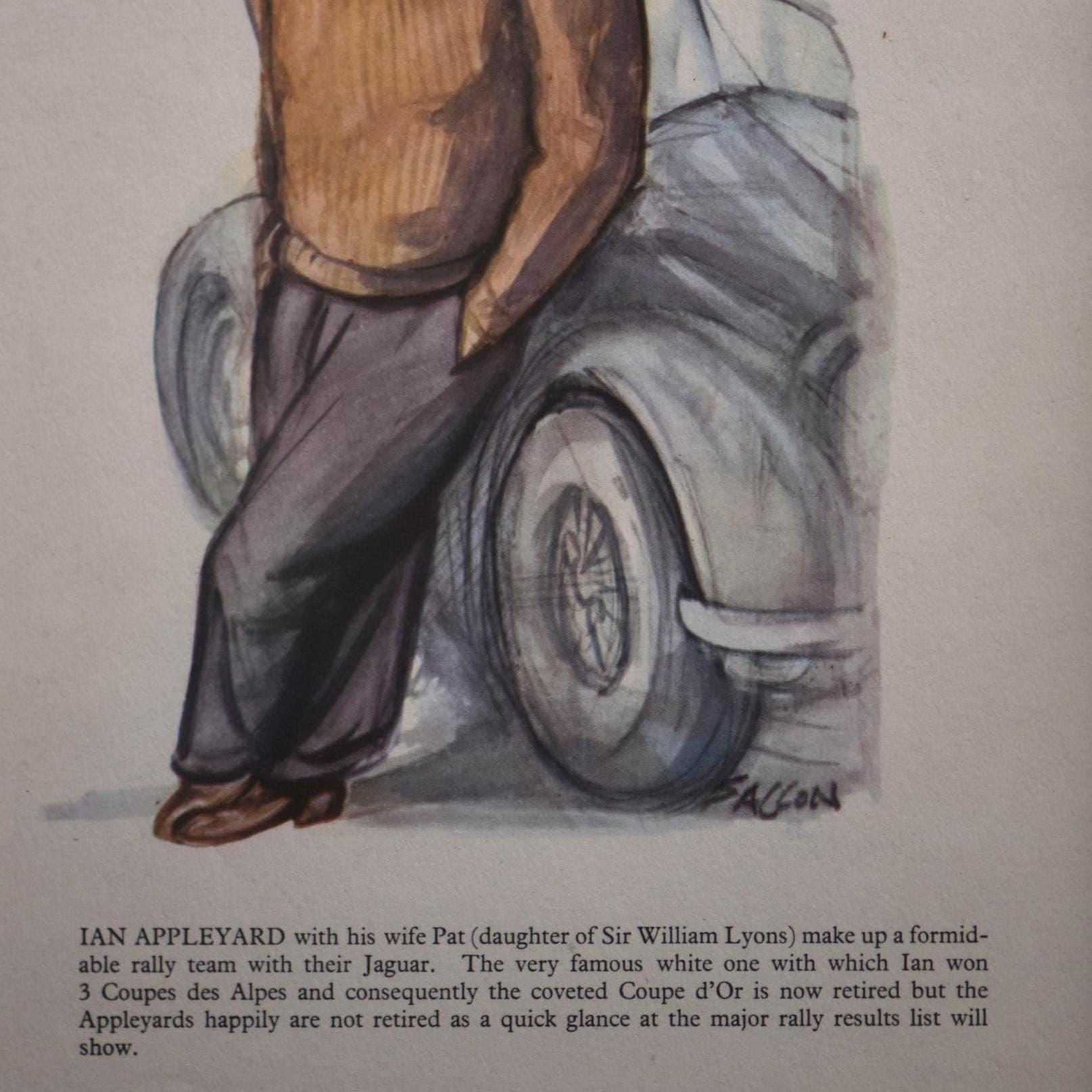 1956 Ian Appleyard Jaguar Rally Driver Caricature Motorsport Print by Sallon - Vintage Rally Racing Team Illustration - 11 x 7.75 in - Image 3
