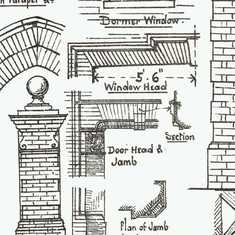 1898 Brickwork Concrete Wall, Dormer, Arch, Gate Pier Architectural Print - W Fullerton - Building Illustration - 8 x 10.75 in - Image 4