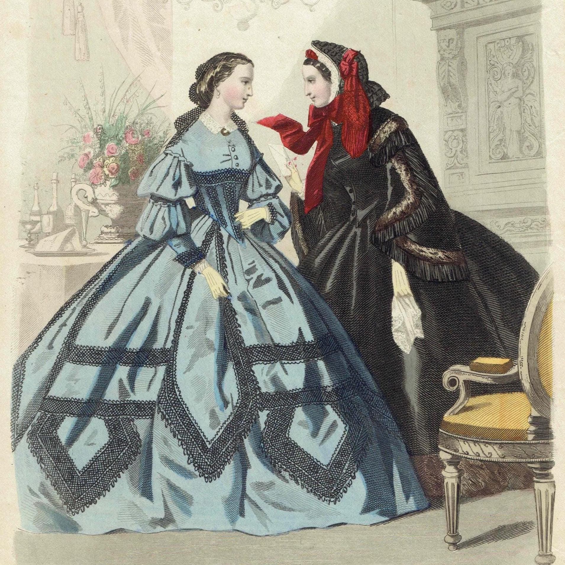 1860 Modes de Paris No.7 Print - Victorian Fashion Plate - Hand-Coloured Lithograph - 9.5 x 6.5in