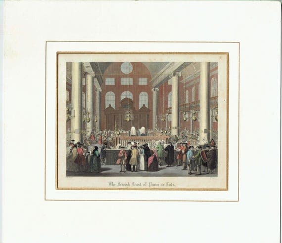 1840 The Jewish Feast of Purim or Lots Print - Synagogue Interior - Hand-Coloured Religious Festival Scene - 7 x 11 in