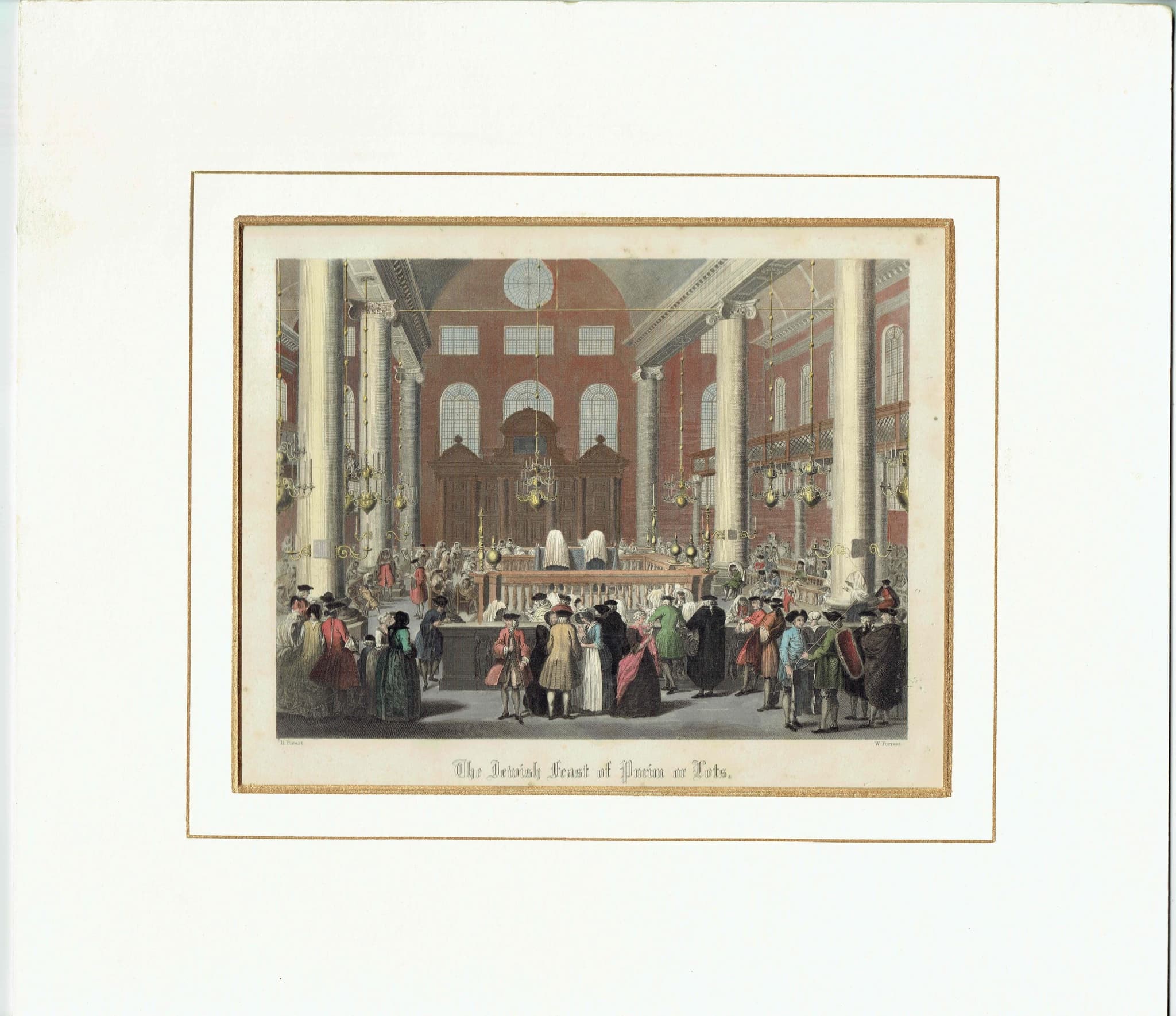 1840 The Jewish Feast of Purim or Lots Print - Synagogue Interior - Hand-Coloured Religious Festival Scene - 7 x 11 in
