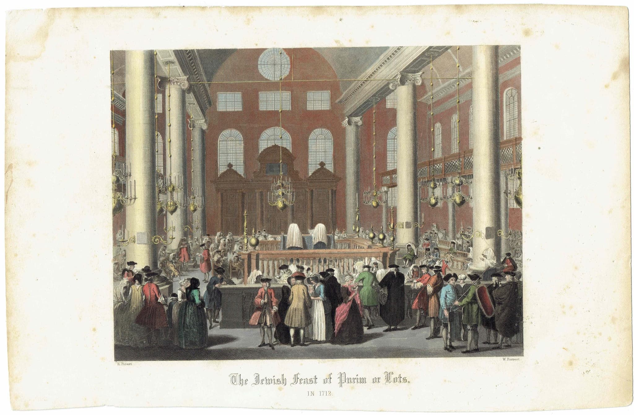 1840 The Jewish Feast of Purim or Lots Print - Synagogue Interior - Hand-Coloured Religious Festival Scene - 7 x 11 in - Image 2