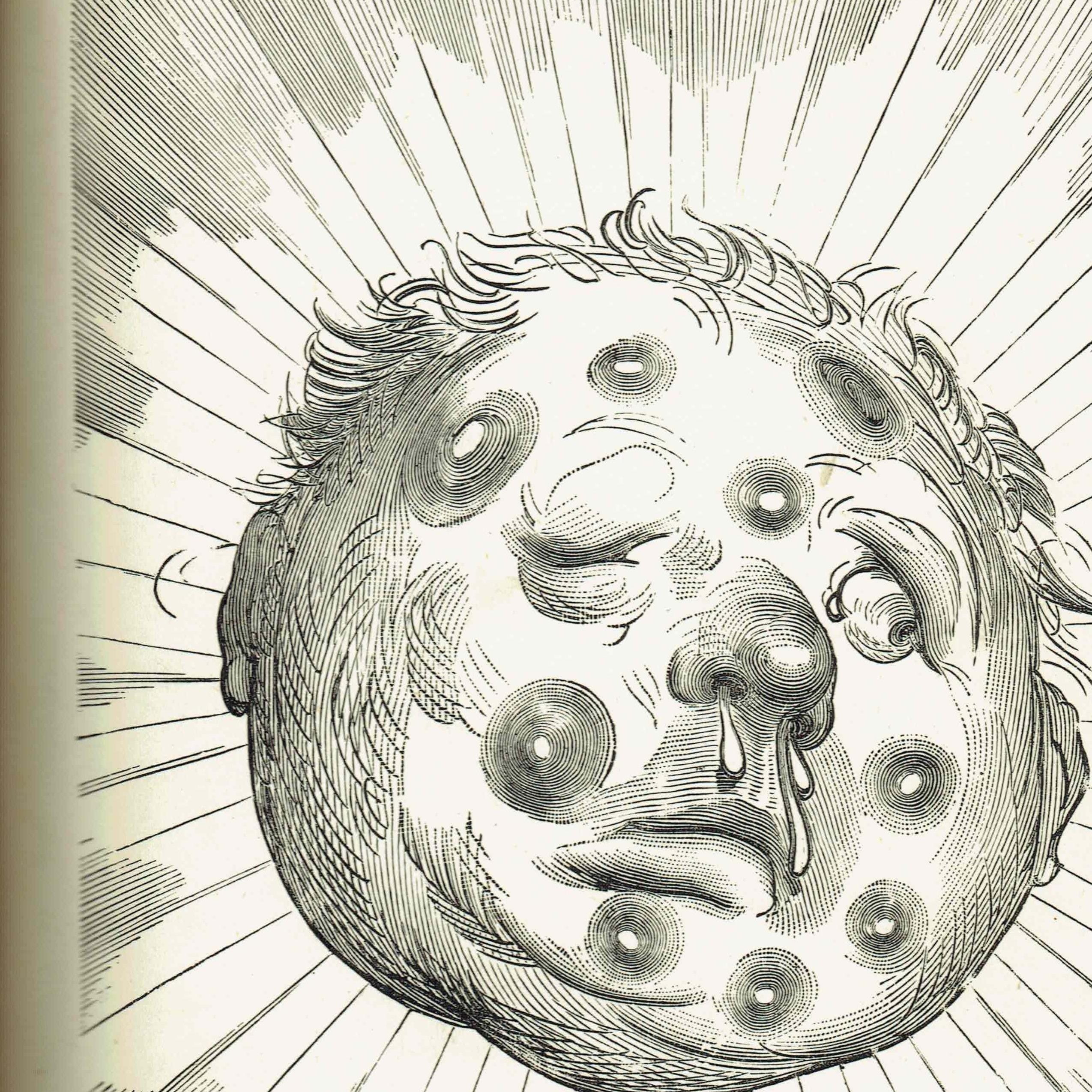 1867 Sun with Chilblains - Original Antique Print By Doré - Baron Munchausen Fantasy Portrait Tall Tales Literature - 6 x 9 in