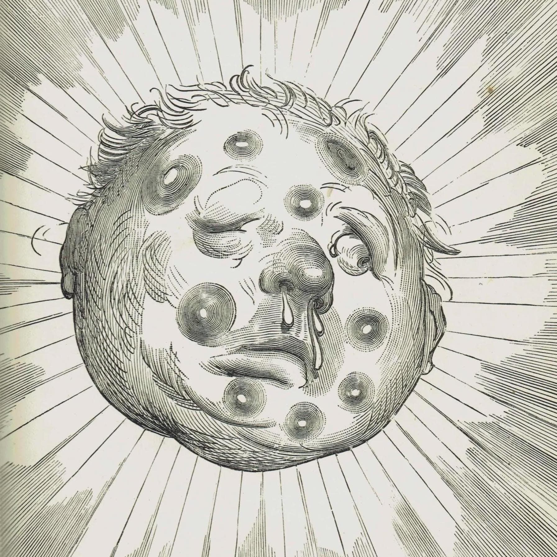 1867 Sun with Chilblains - Original Antique Print By Doré - Baron Munchausen Fantasy Portrait Tall Tales Literature - 6 x 9 in