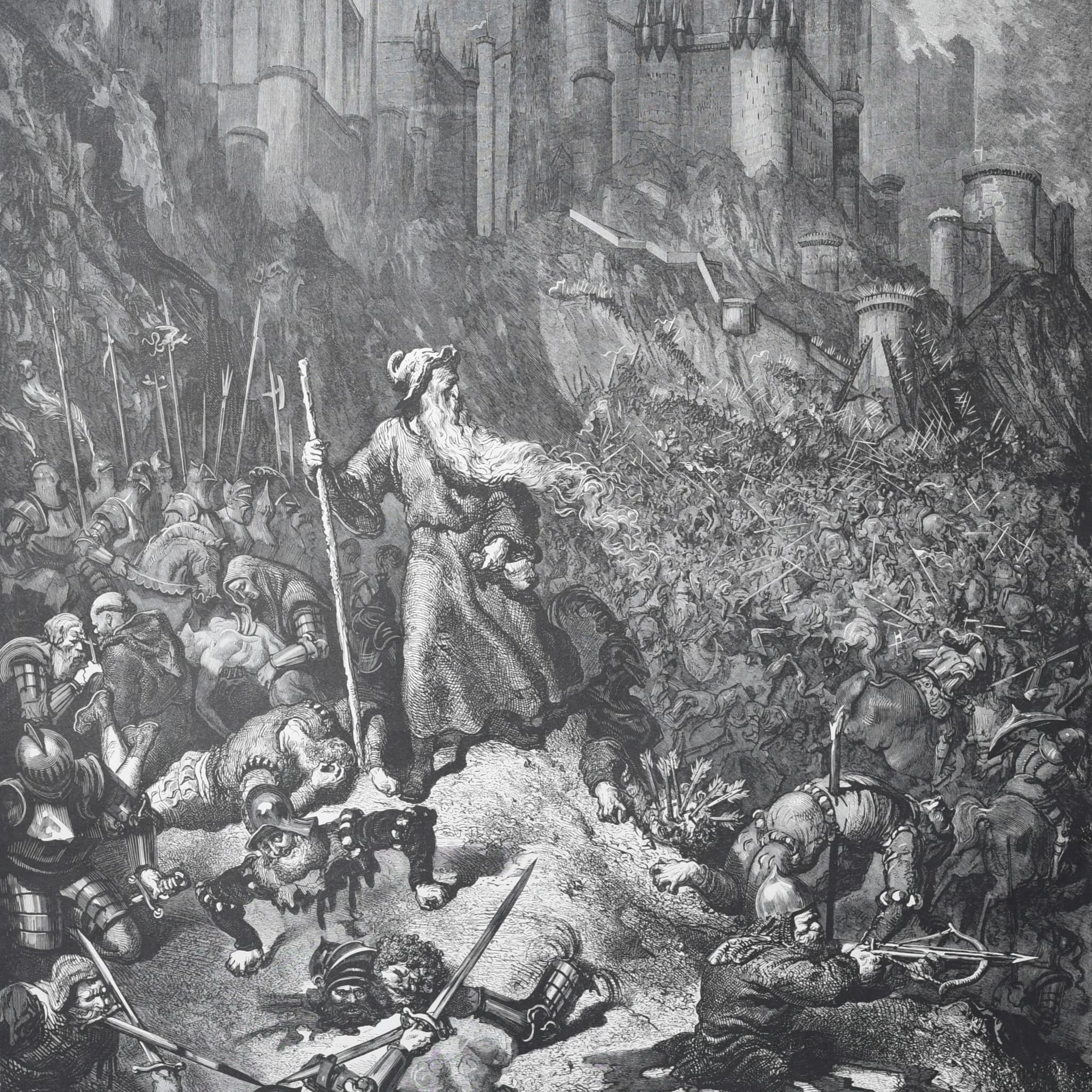 1866 Gustave Doré Legend Of The Wandering Jew Battle Scene Plate 9 - Original Antique Engraving - Gothic Medieval Christian - 14 x 20 in - Image 2