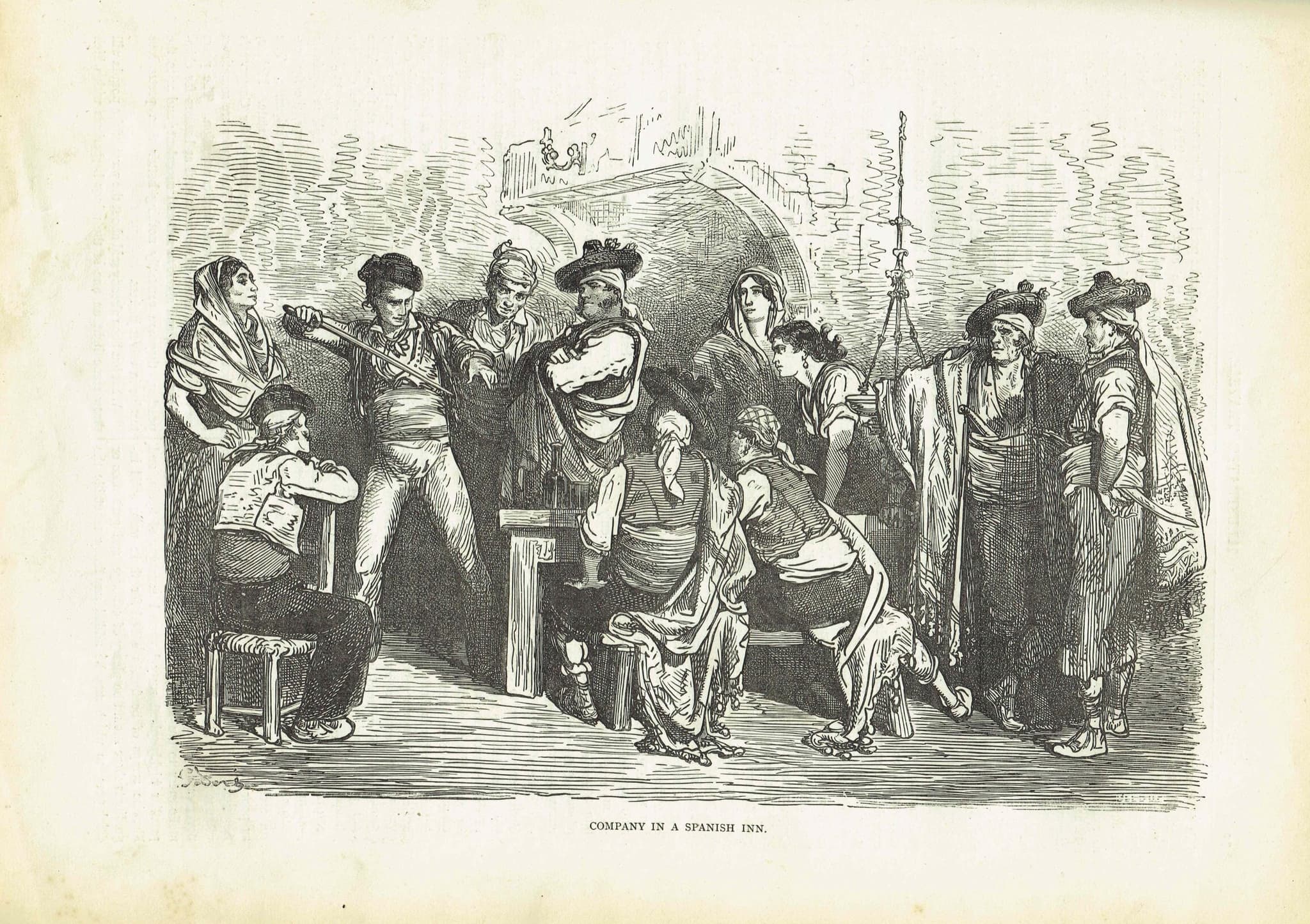1870s Original Antique Company In A Spanish Inn Scene Woodblock Print - Victorian Travel Book Illustration - 12 x 8.5 in - Image 2