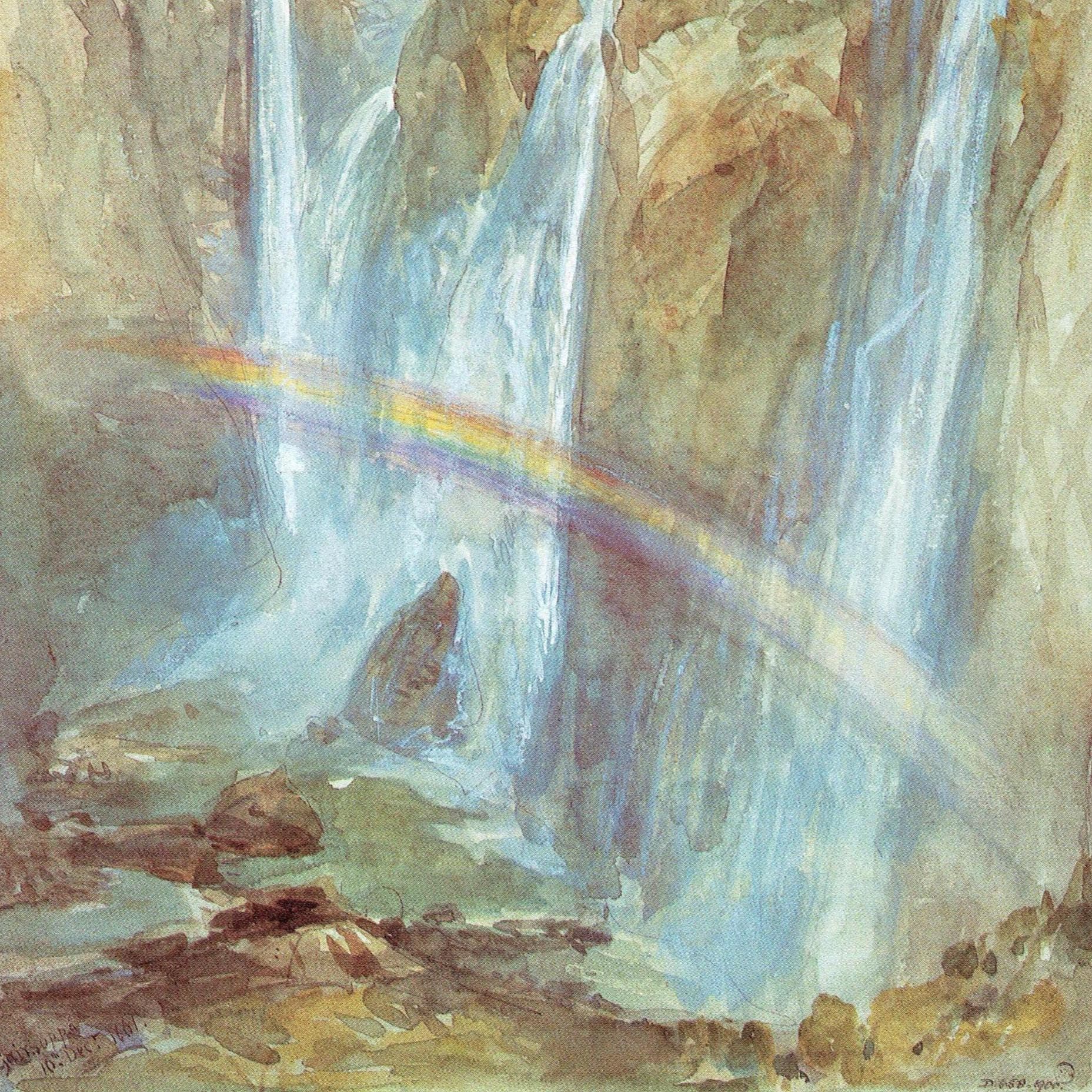 1859 Indian Waterfall - Original Vintage Print By Simpson - Victorian Landscape Travel Sketchbook Natural History - 6.5 x 9.25 in - Image 1