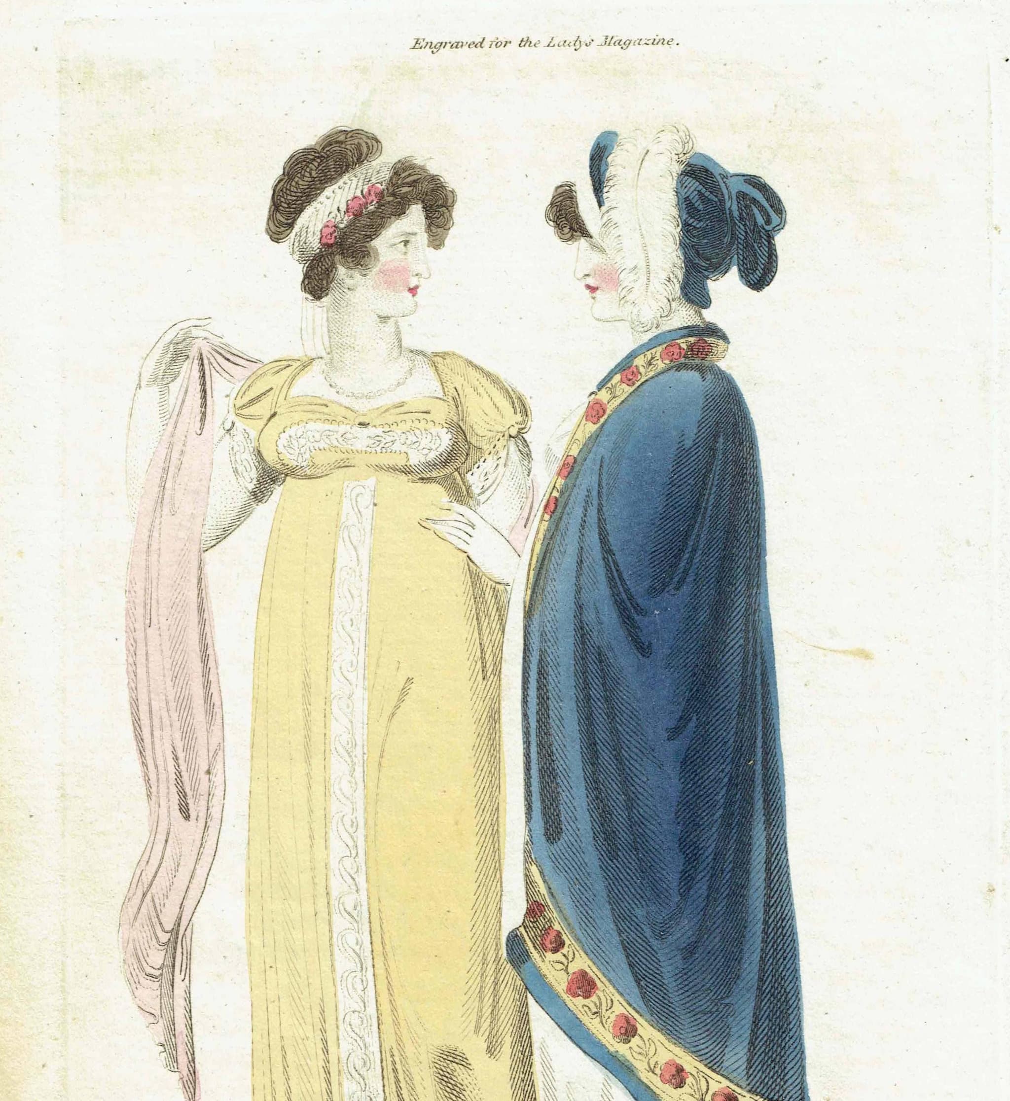 1806 Opera And Full Dress - Original Antique Fashion Print - London Regency Empire Waist Gowns Ladies Magazine - 4.75 x 8.25 in - Image 1