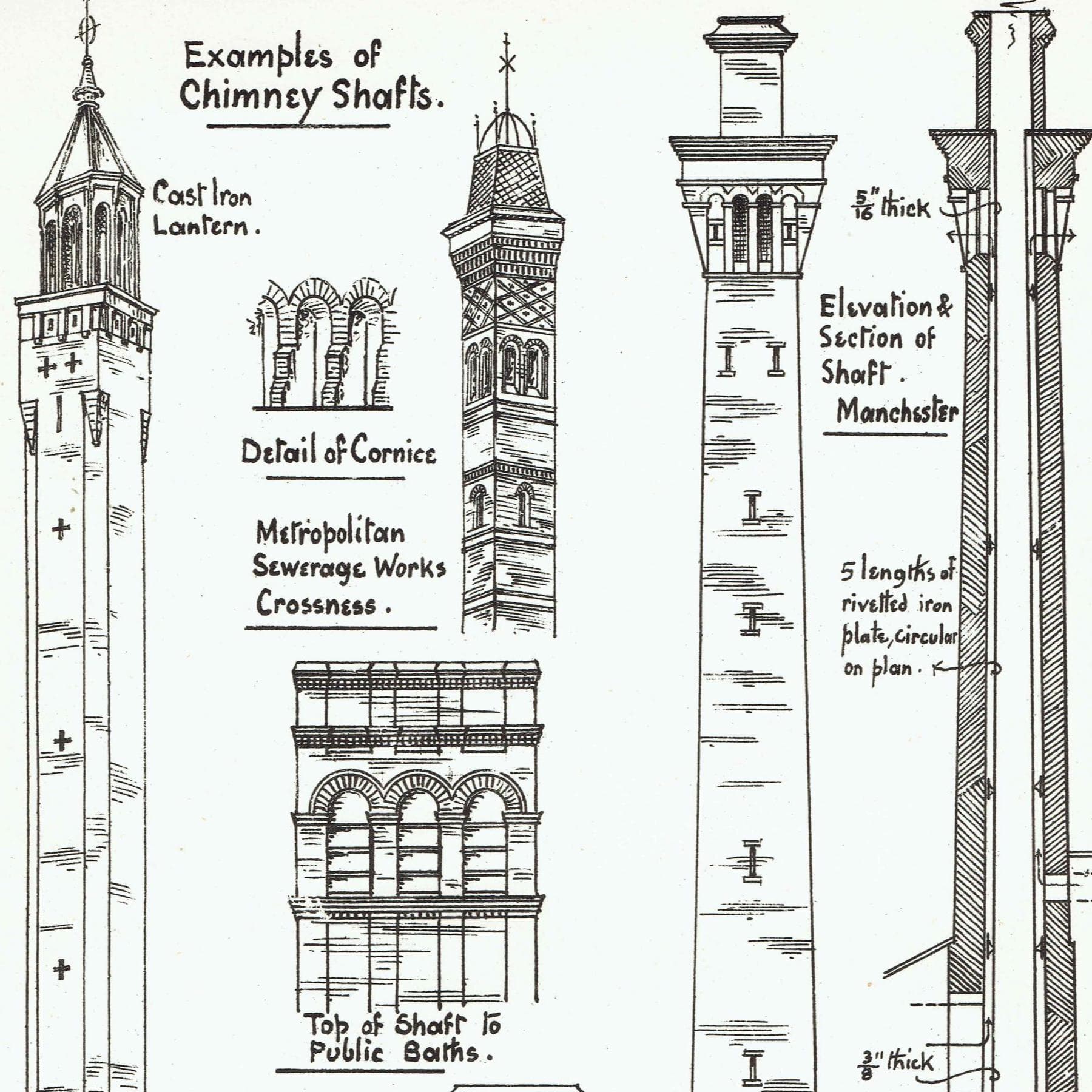 1898 Chimney Shafts Various Crossness Manchester Architectural Print - W Fullerton - Building Illustration - 8 x 10.75 in