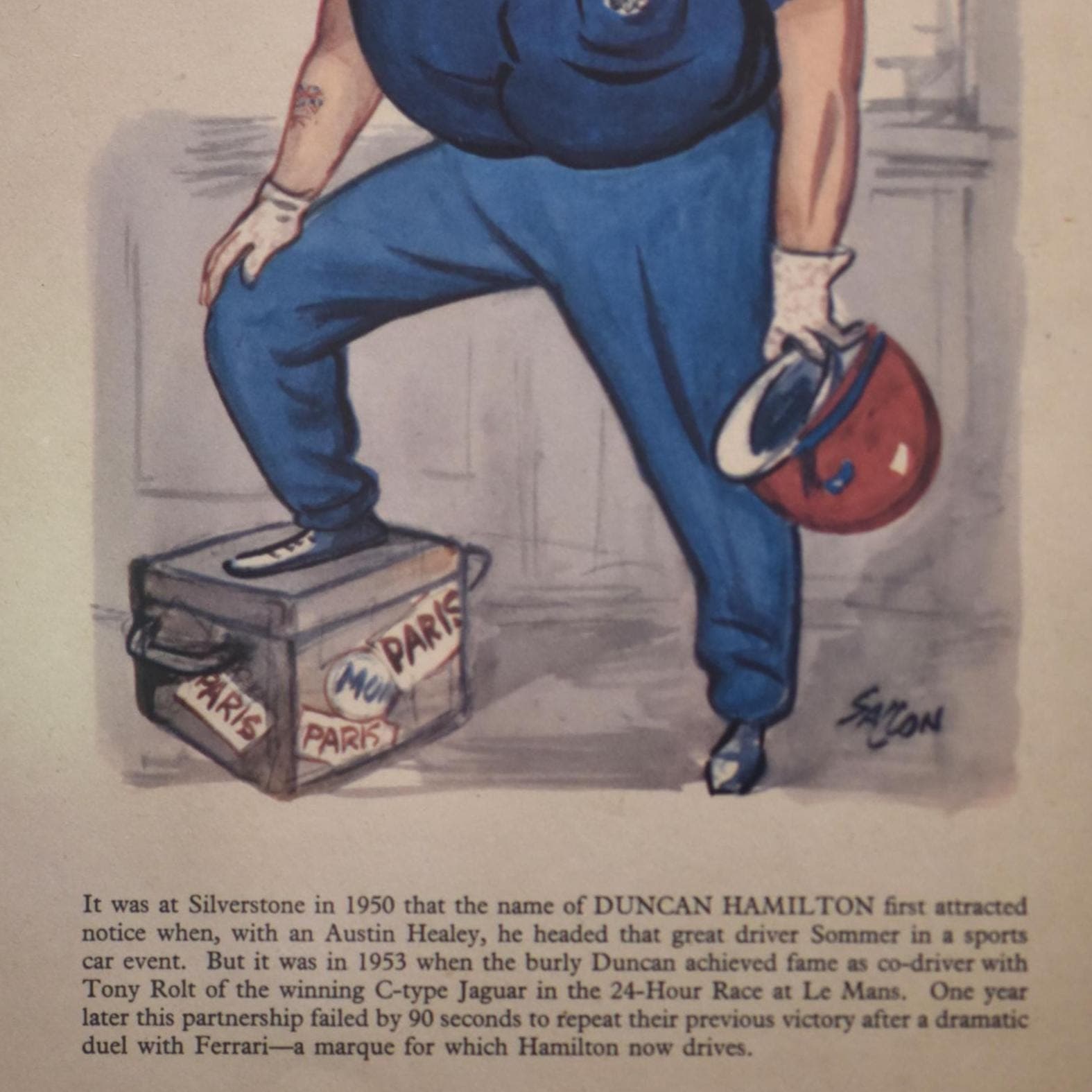 1956 Duncan Hamilton Le Mans Racing Driver Caricature Sallon Print - Motorsport Jaguar C-Type Winner - Silverstone Healey - 11 x 7.75 in - Image 3