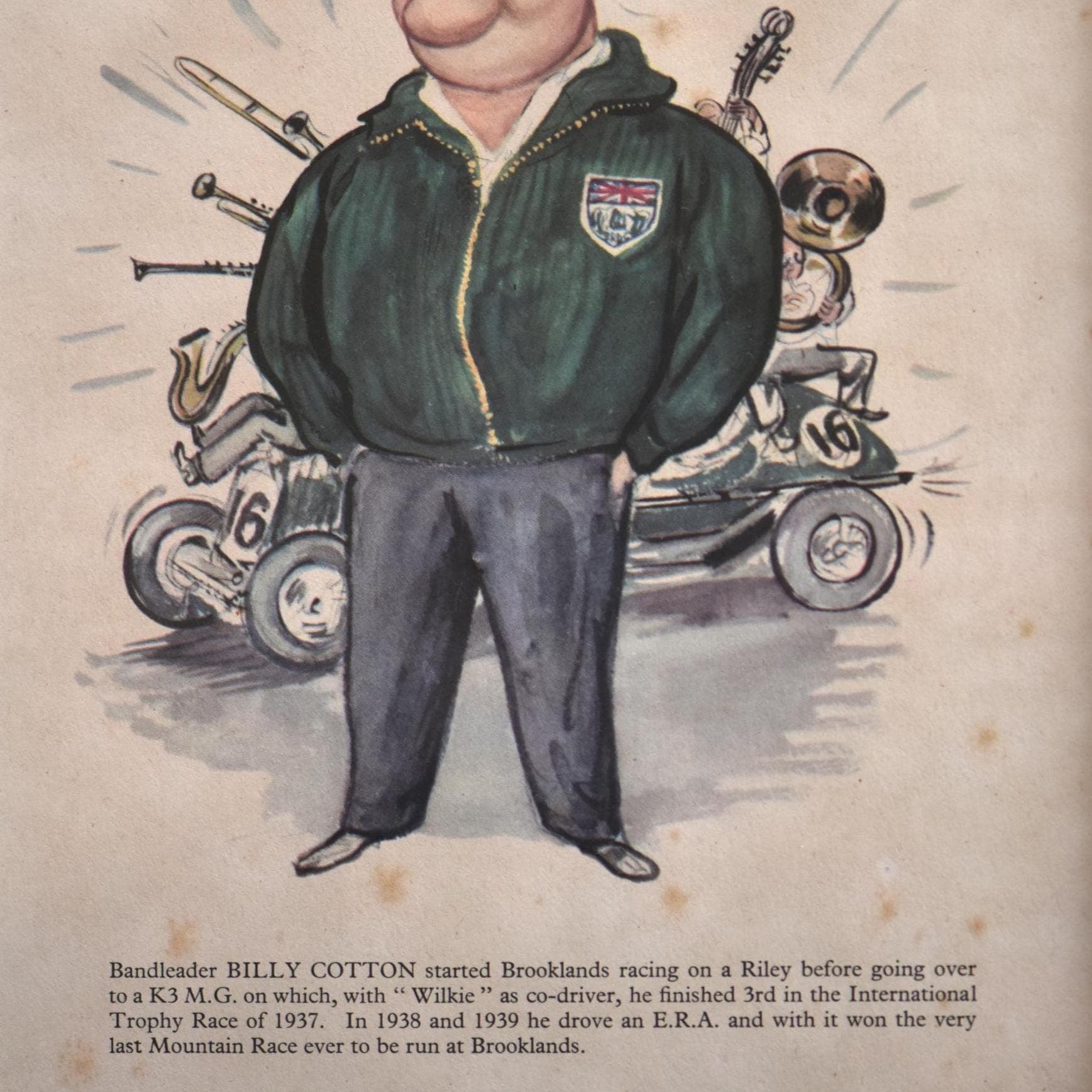 1956 Bandleader Billy Cotton Motoring Caricature by Sallon Print - K3 MG Racing Car - Brooklands Race Driver - 11 x 7.75 in - Image 3