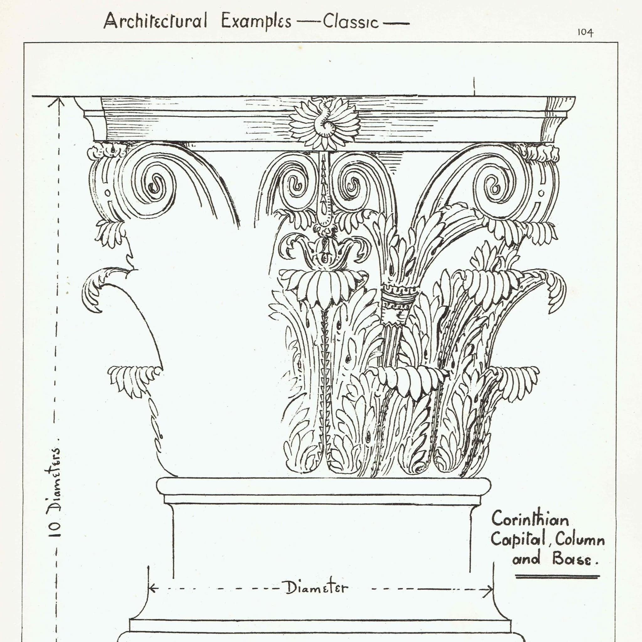 1898 Corinthian Capital Print - Classical Column, Base & Decorative Architecture Study - Antique Design Plate - 8 x 10.75 in - Image 2