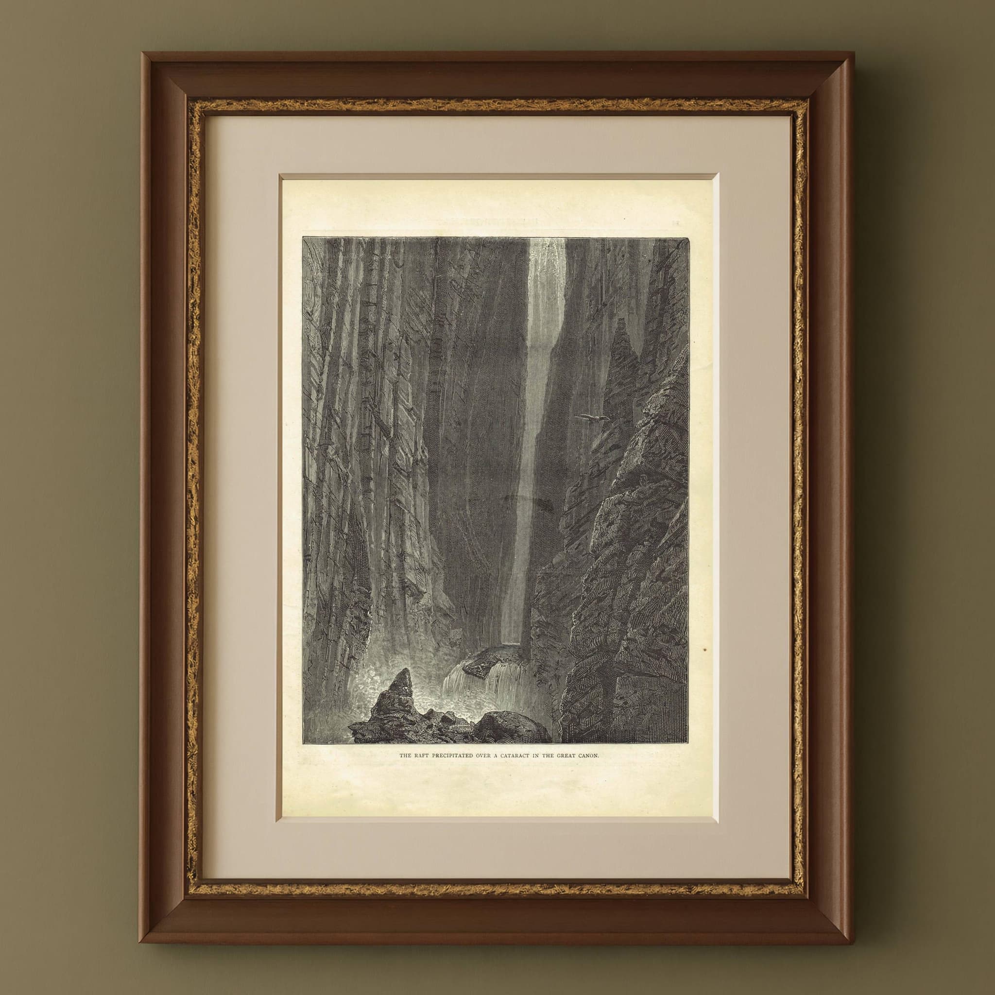 1870s Original Canyon Waterfall Woodblock Victorian Print - Dramatic Landscape Adventure - Illustrated Travels Book - 8.5 x 12 in
