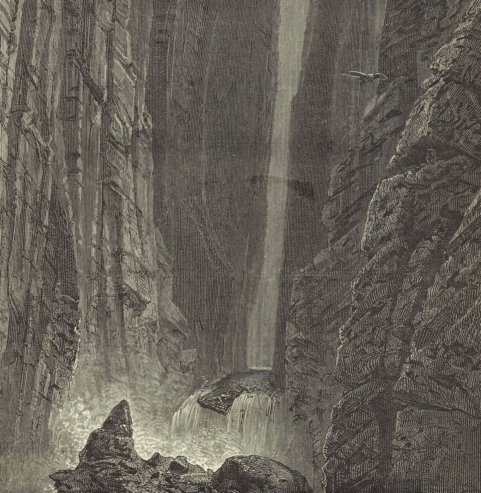 1870s Original Canyon Waterfall Woodblock Victorian Print - Dramatic Landscape Adventure - Illustrated Travels Book - 8.5 x 12 in - Image 3
