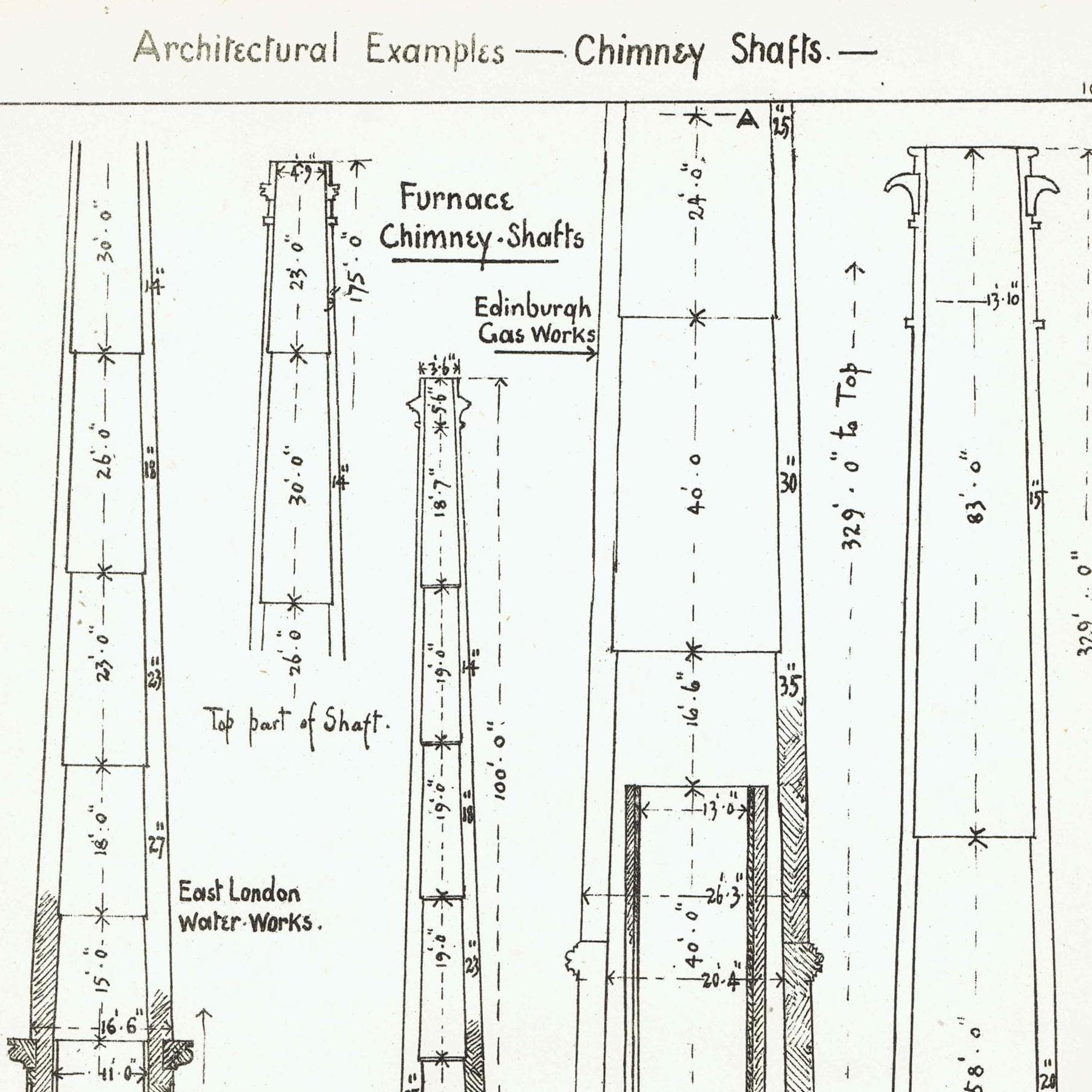 1898 Chimney Shafts Various Furnace Edinburgh Hull East London Architectural Print - W Fullerton - Building Illustration - 8 x 10.75 in
