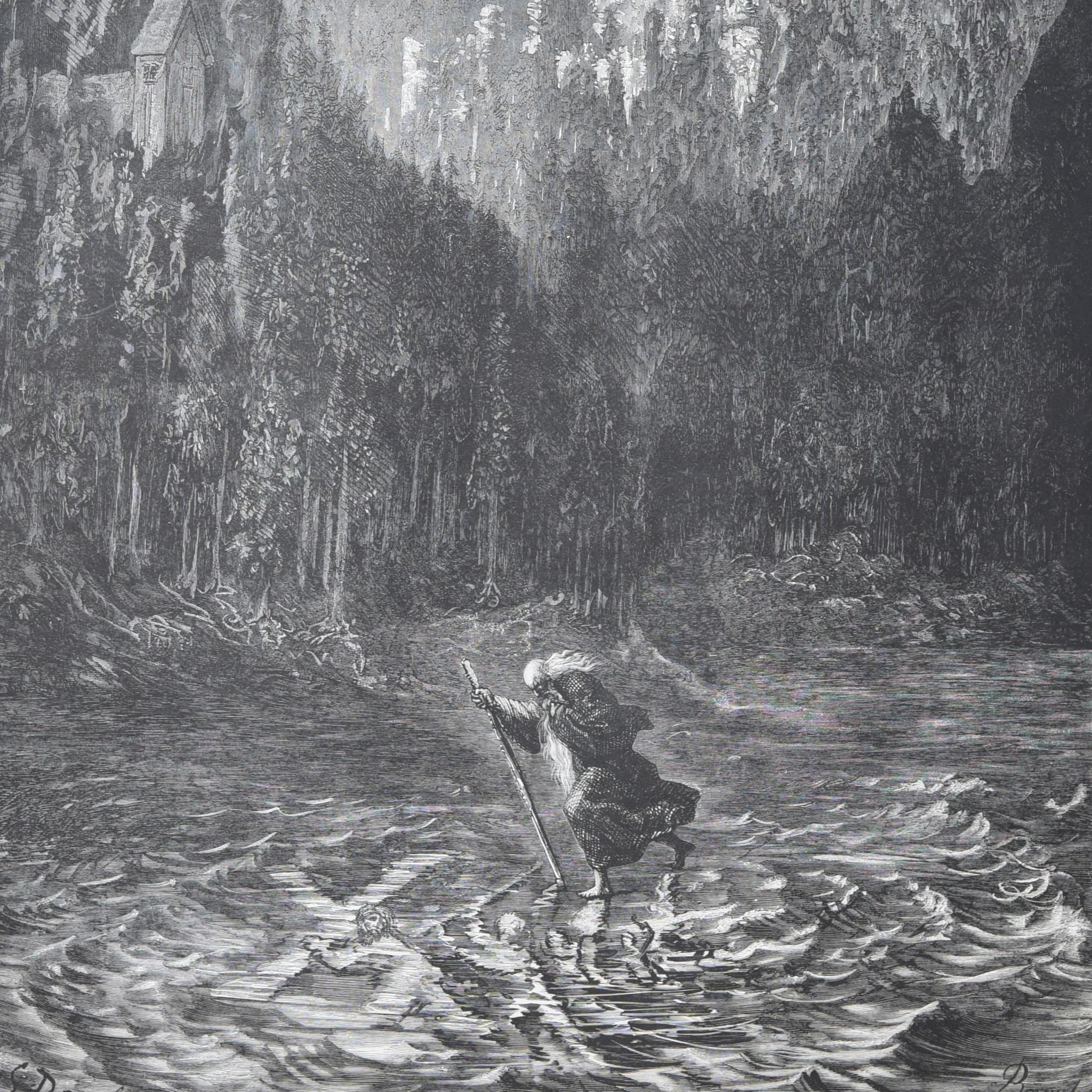 1866 Gustave Doré Legend Of The Wandering Jew Crossing River Plate 5 - Original Antique Engraving - Gothic Medieval Christian - 14 x 20 in - Image 2