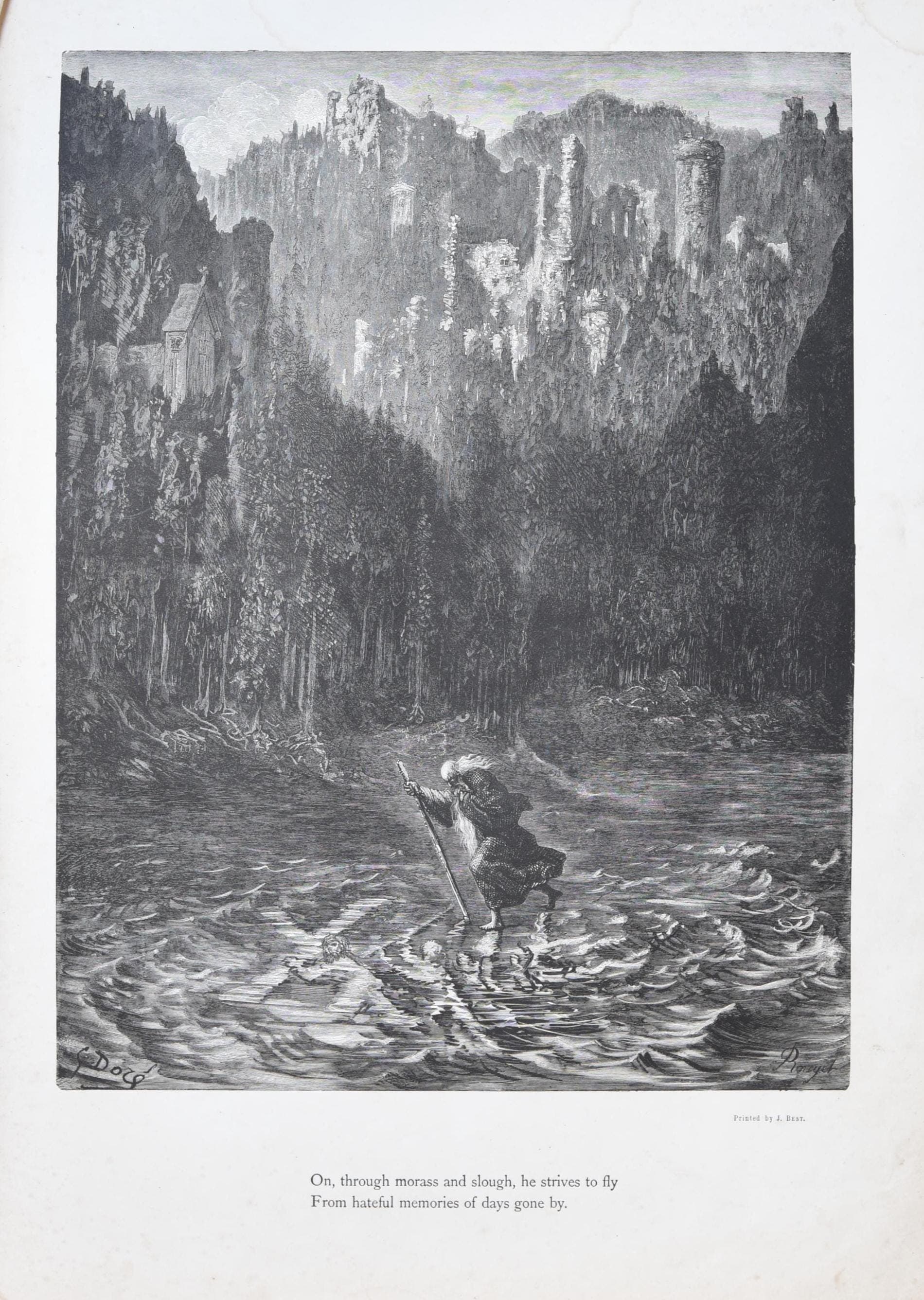 1866 Gustave Doré Legend Of The Wandering Jew Crossing River Plate 5 - Original Antique Engraving - Gothic Medieval Christian - 14 x 20 in - Image 3