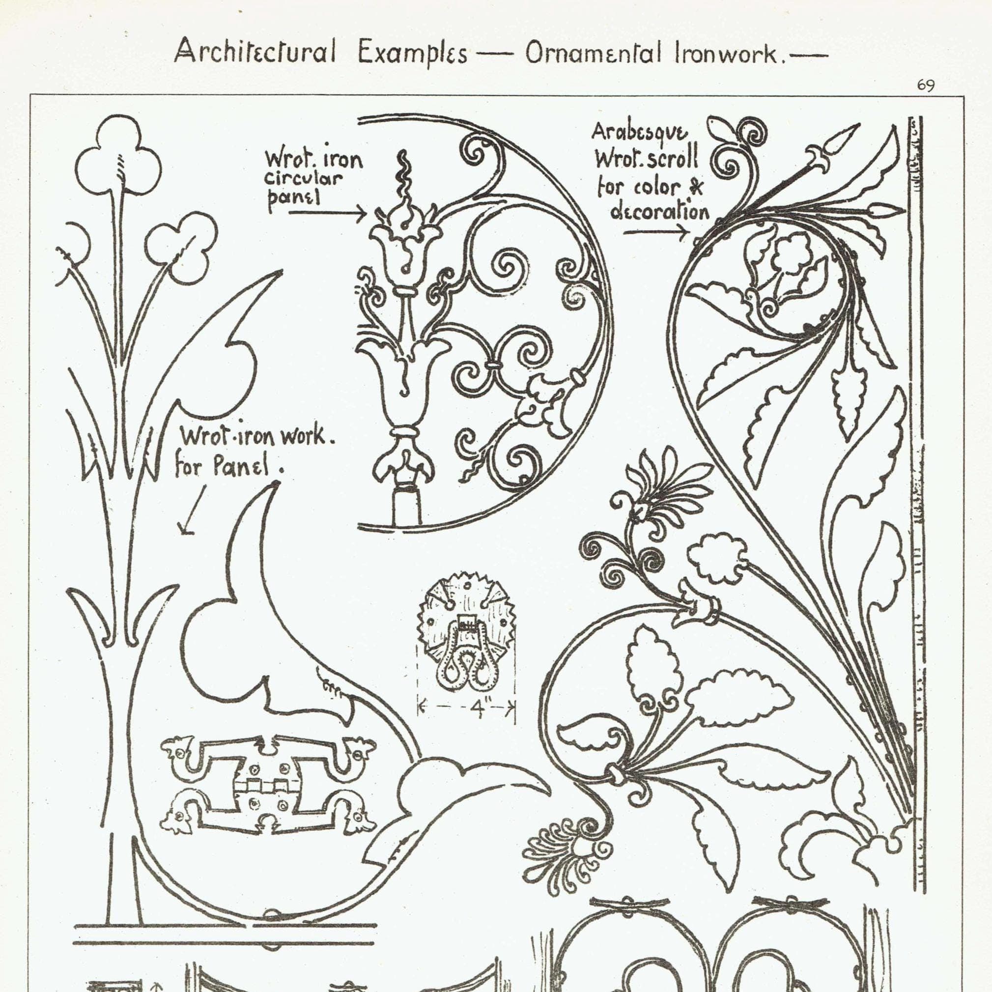 1898 Ornamental Wrought Ironwork - Circular Panel Arabesque Scroll St Quintin Architecture Print - W Fullerton - 8 x 10.75 in - Image 2