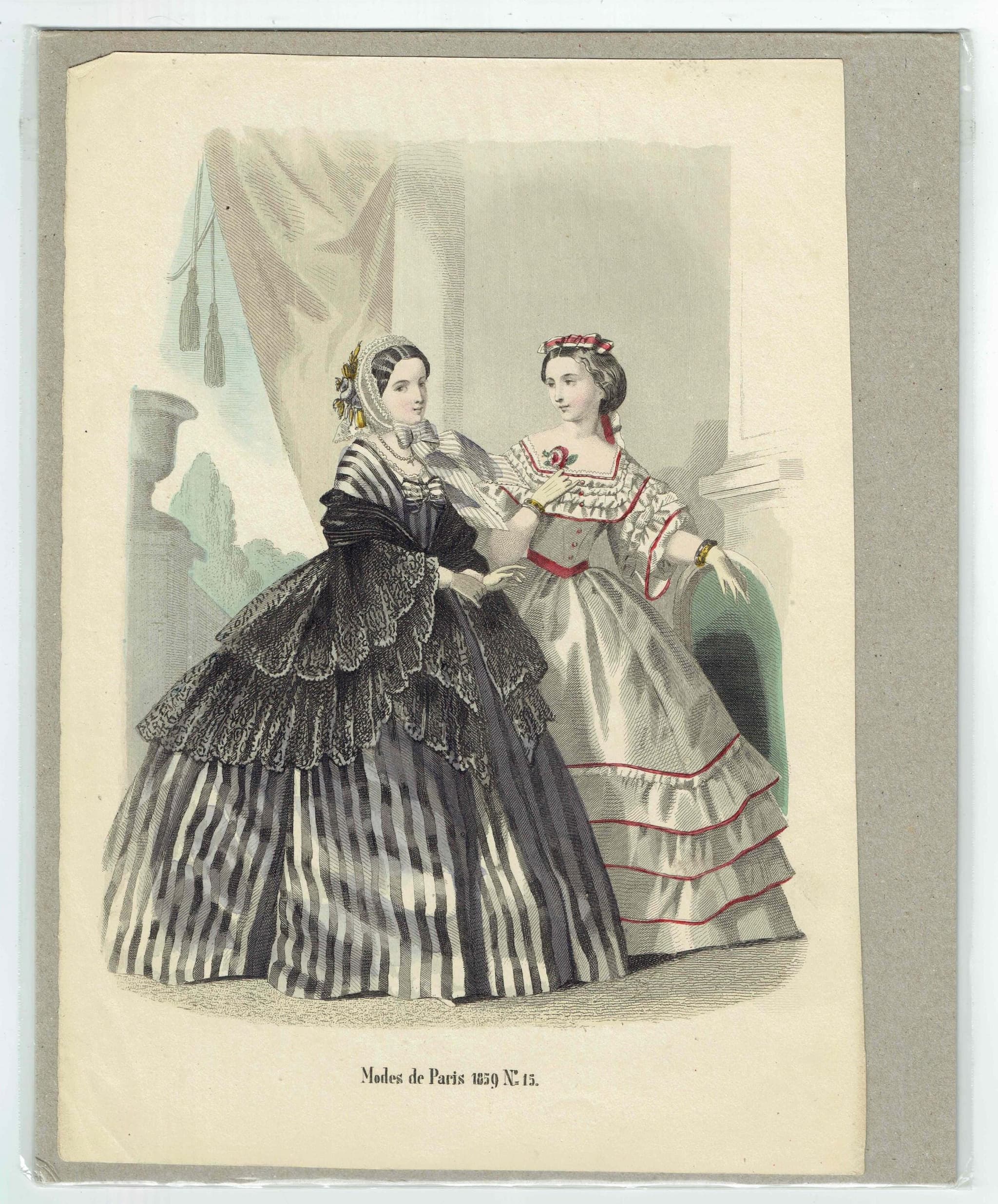 1859 Modes de Paris No. 15 Fashion Plate Print - Victorian Dresses Hand Coloured - Paris Fashion Art - 9.5 x 6.5 in - Image 2