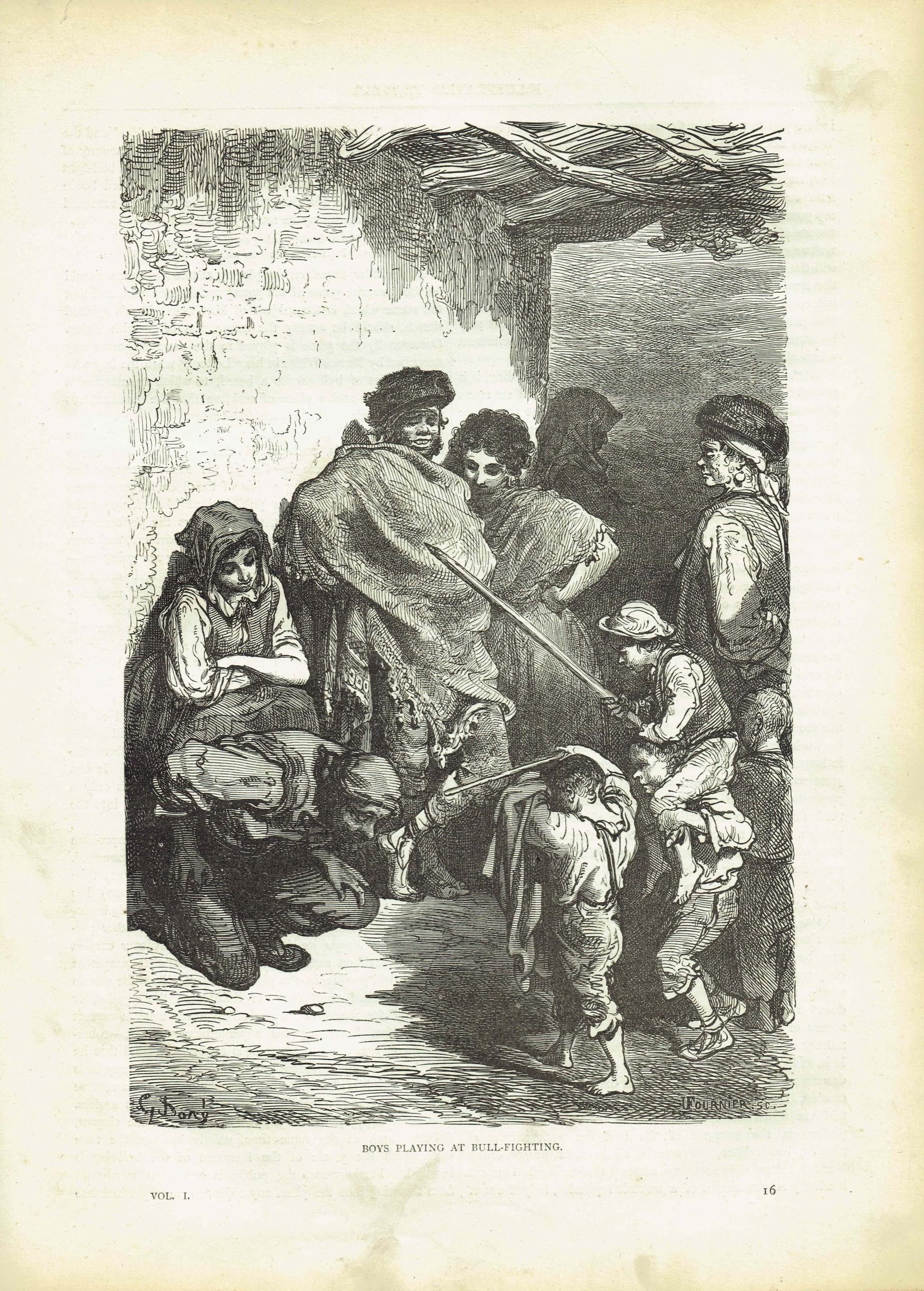 1870s Boys Playing At Bull-Fighting Original Woodblock Print - Children Portrait - Antique Victorian Travel Book Illustration - 8.5 x 12 in - Image 2