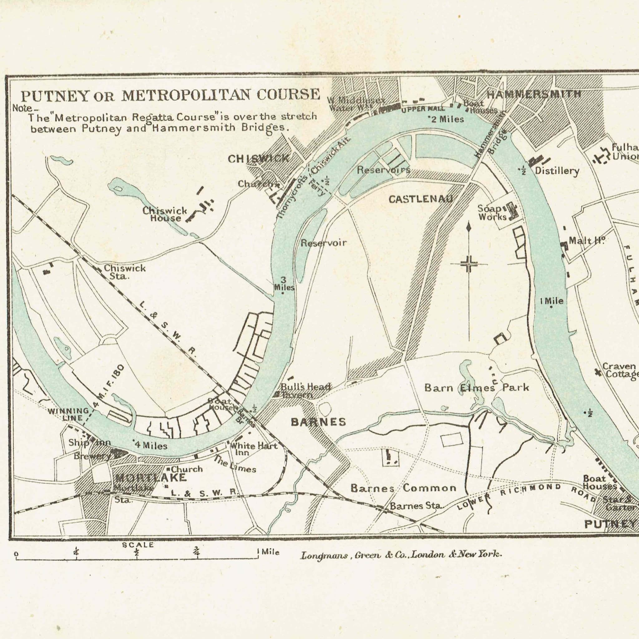 1891 Putney & Metropolitan Regatta Course - Original Antique Map By Weller - Thames Rowing Victorian London Boating Chart - 7 x 4.75 in - Image 2