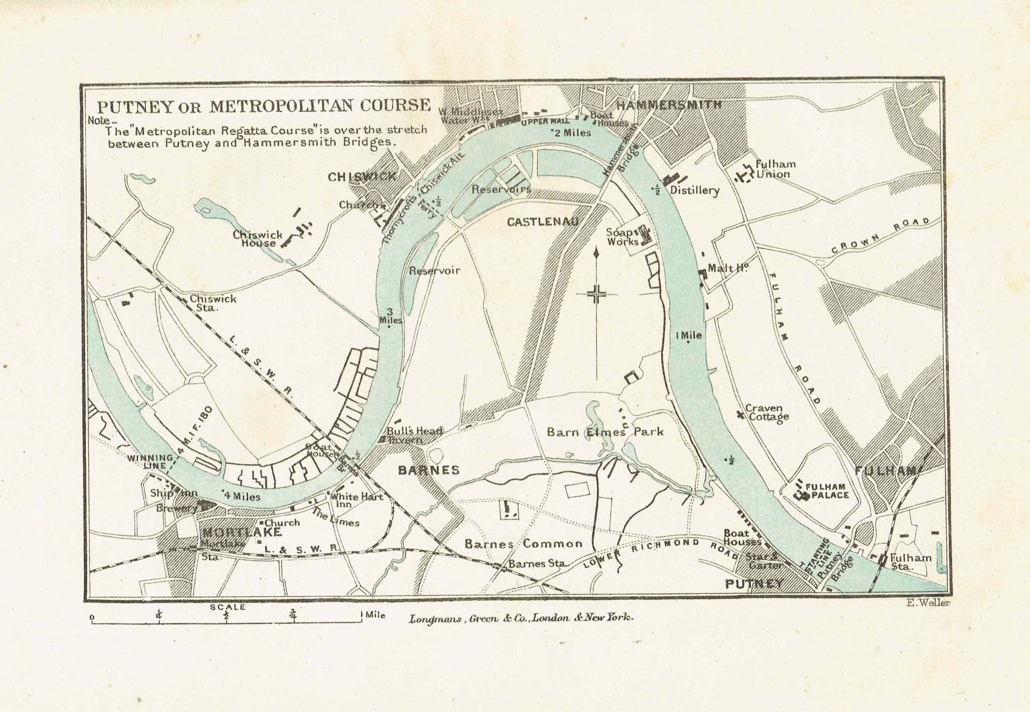 1891 Putney & Metropolitan Regatta Course - Original Antique Map By Weller - Thames Rowing Victorian London Boating Chart - 7 x 4.75 in - Image 3