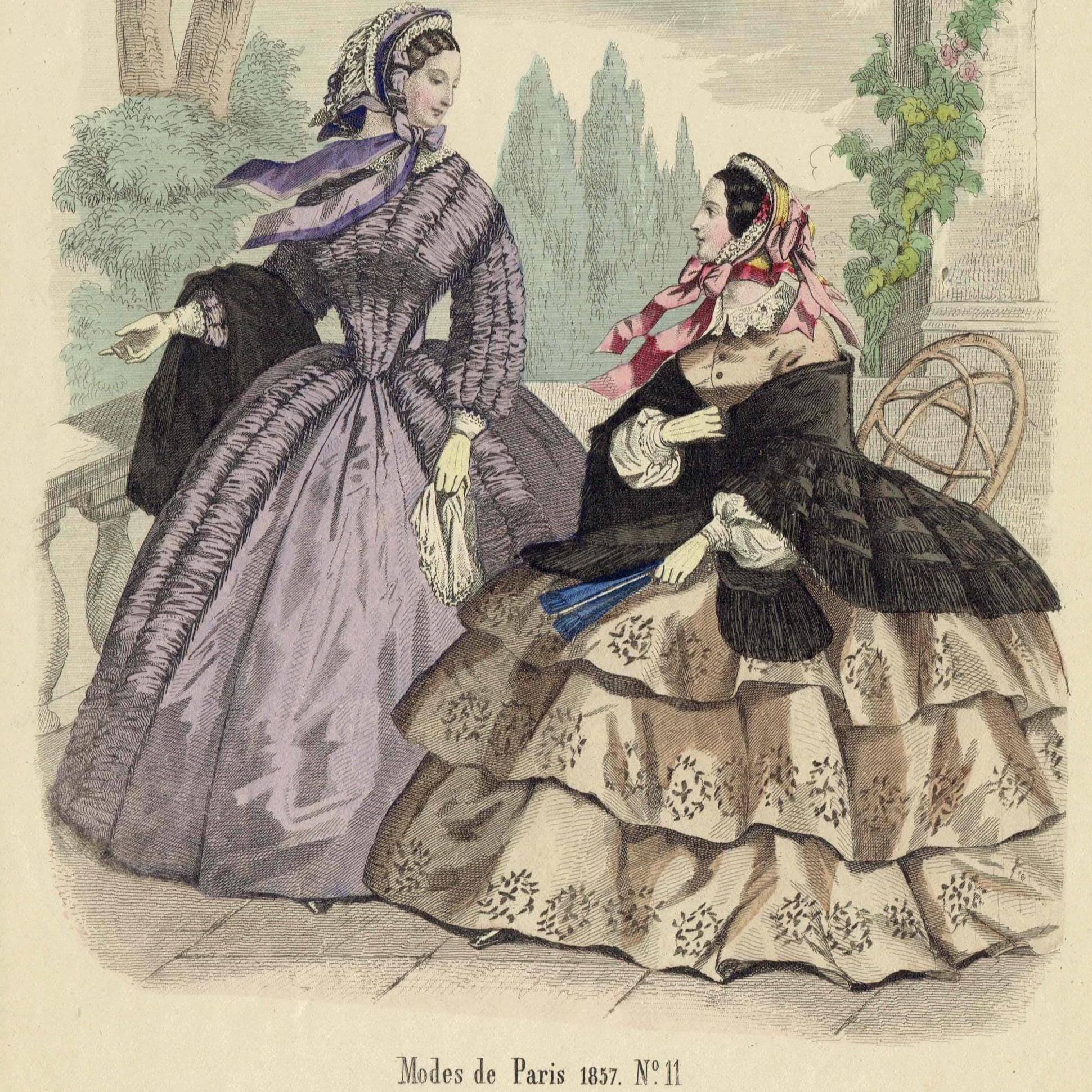 1857 Modes de Paris No.11 Print - Parisian Women’s Fashion - Hand Coloured Lithograph - 9.75 x 6.75 in - Image 1